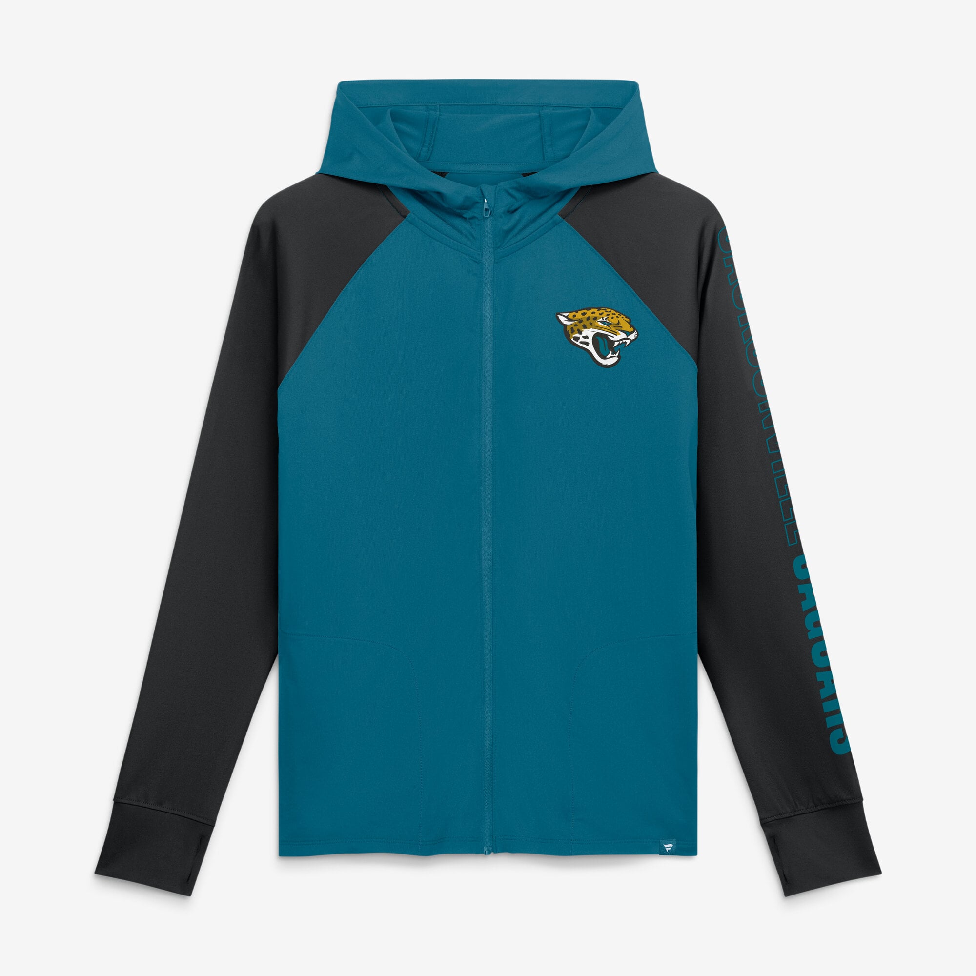 Sweat à capuche zippé raglan Fanatics pour femme, bleu sarcelle/noir, Jacksonville Jaguars Cornerback Blitz