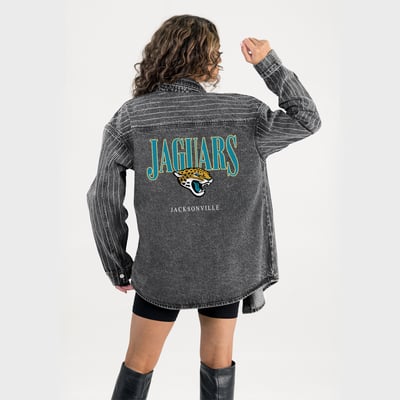  Jacksonville Jaguars Gameday Couture Women's End Zone Energy Rhinestone Washed Full-Snap Denim Overshirt - Black