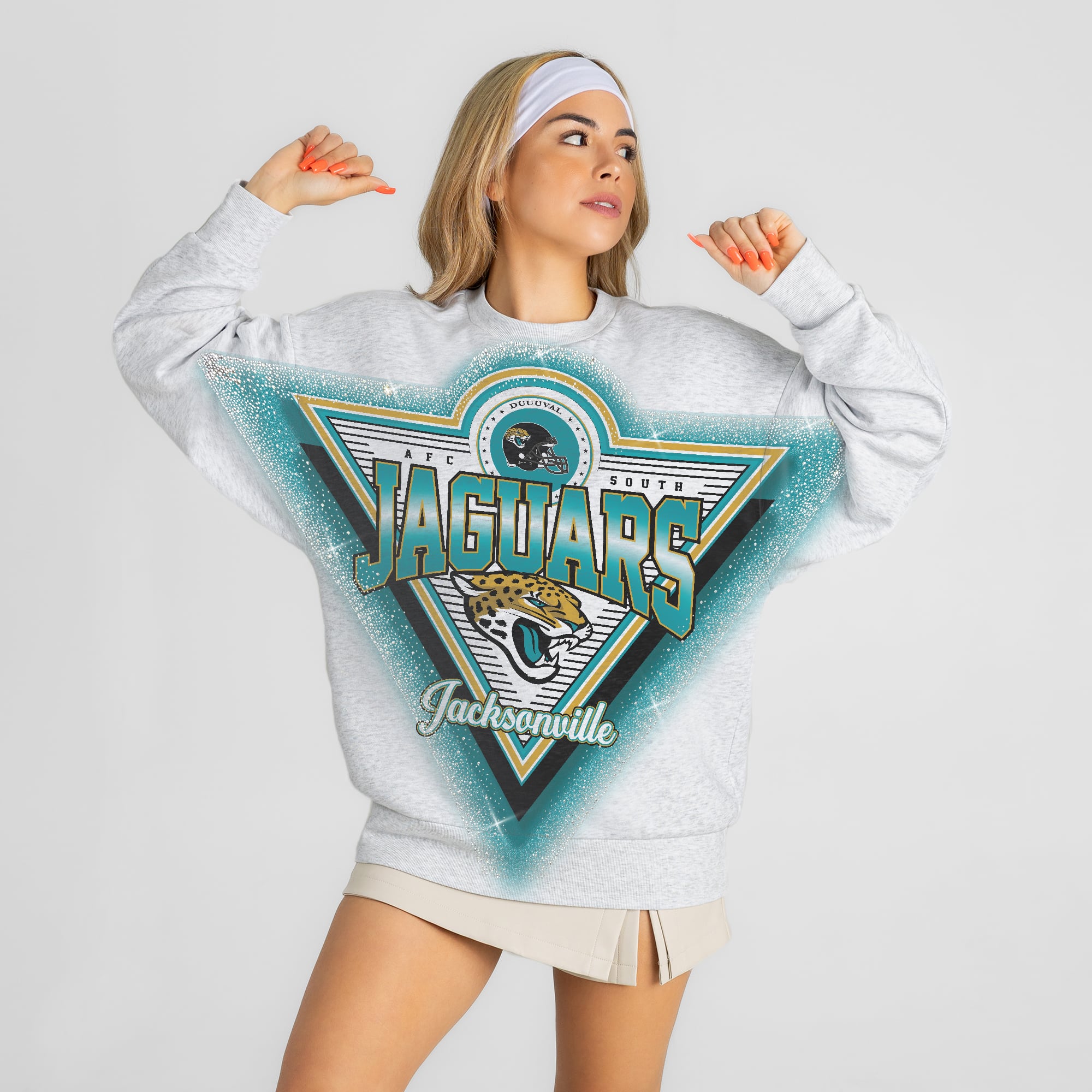 Women's Gameday Couture Heather Gray Jacksonville Jaguars Chasing Victory Rhinestone Spray Oversized Fleece Sweatshirt