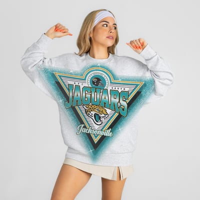 Jacksonville Jaguars Gameday Couture Women's Chasing Victory Rhinestone Spray Oversized Fleece Sweatshirt - Heather Gray