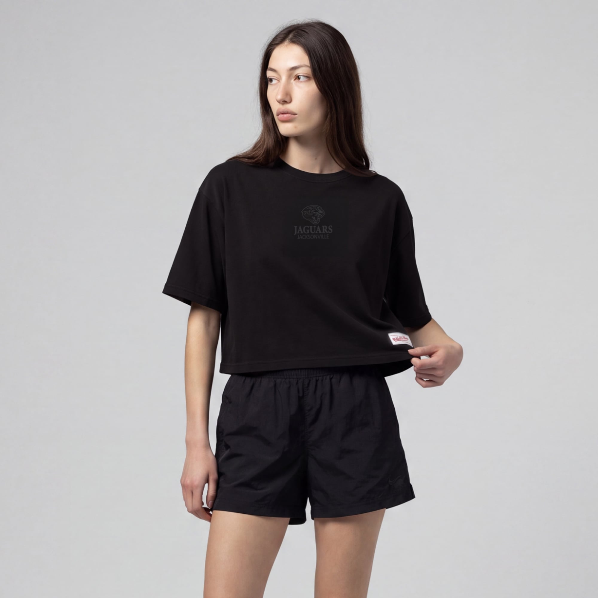 Women's Mitchell & Ness Black Jacksonville Jaguars Core Essentials Micro Logo Boxy Crop T-Shirt