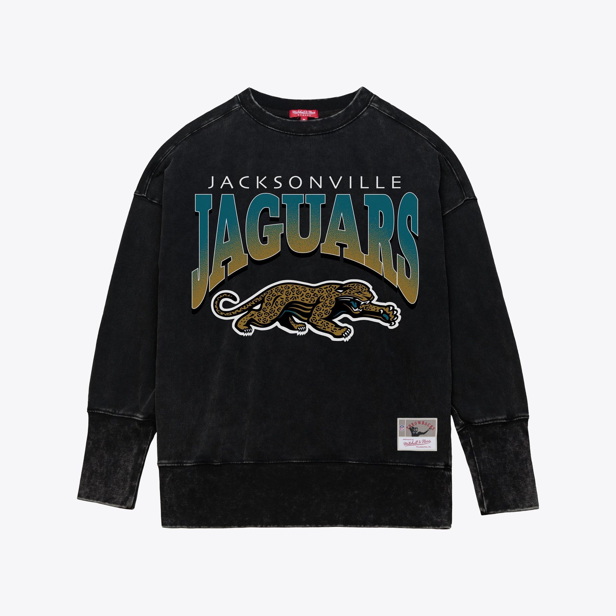 Sweat-shirt ras du cou noir délavé minéral pour femme, Mitchell & Ness, Jacksonville Jaguars