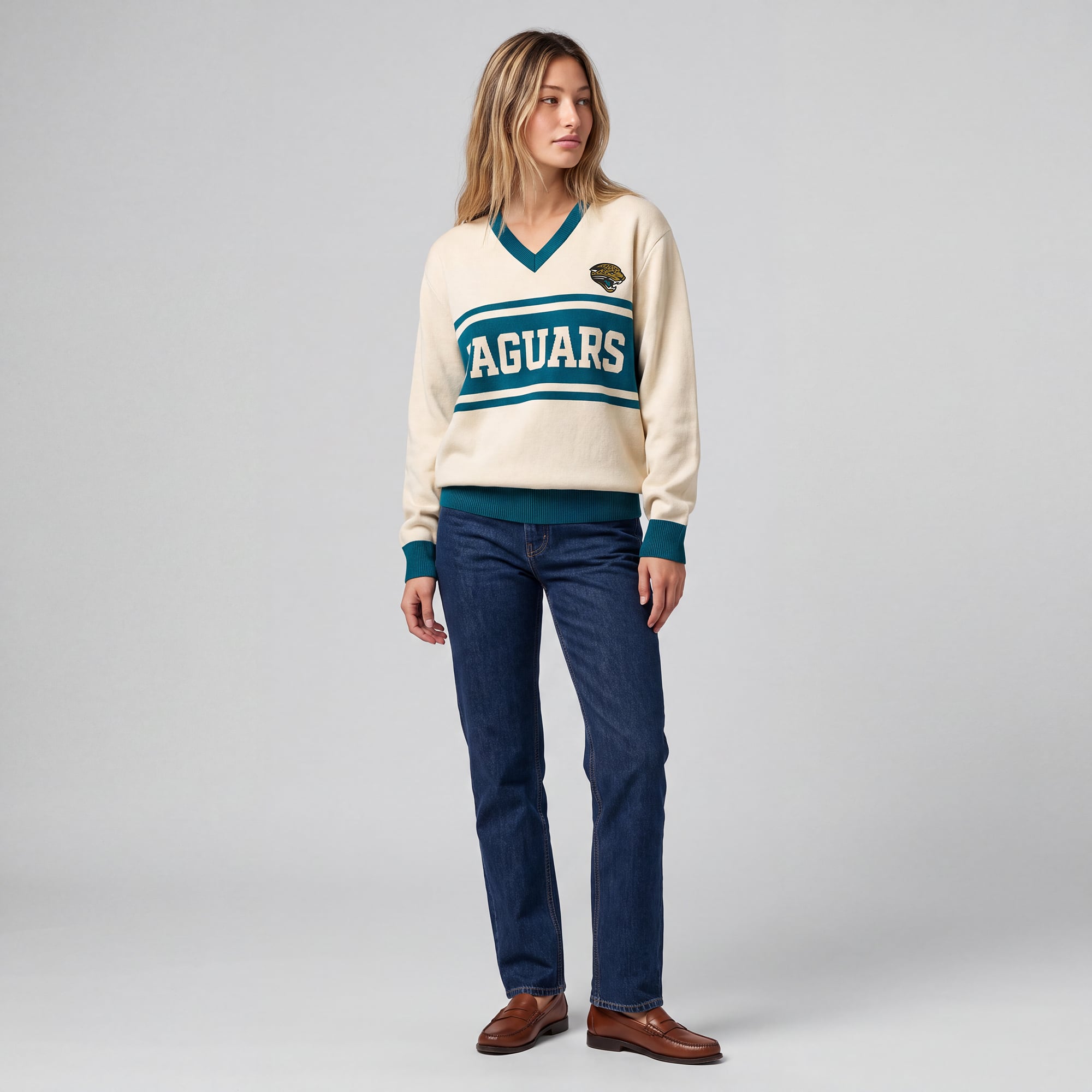 Women's Mitchell & Ness Cream/Teal Jacksonville Jaguars Retro Roots V-Neck Sweater