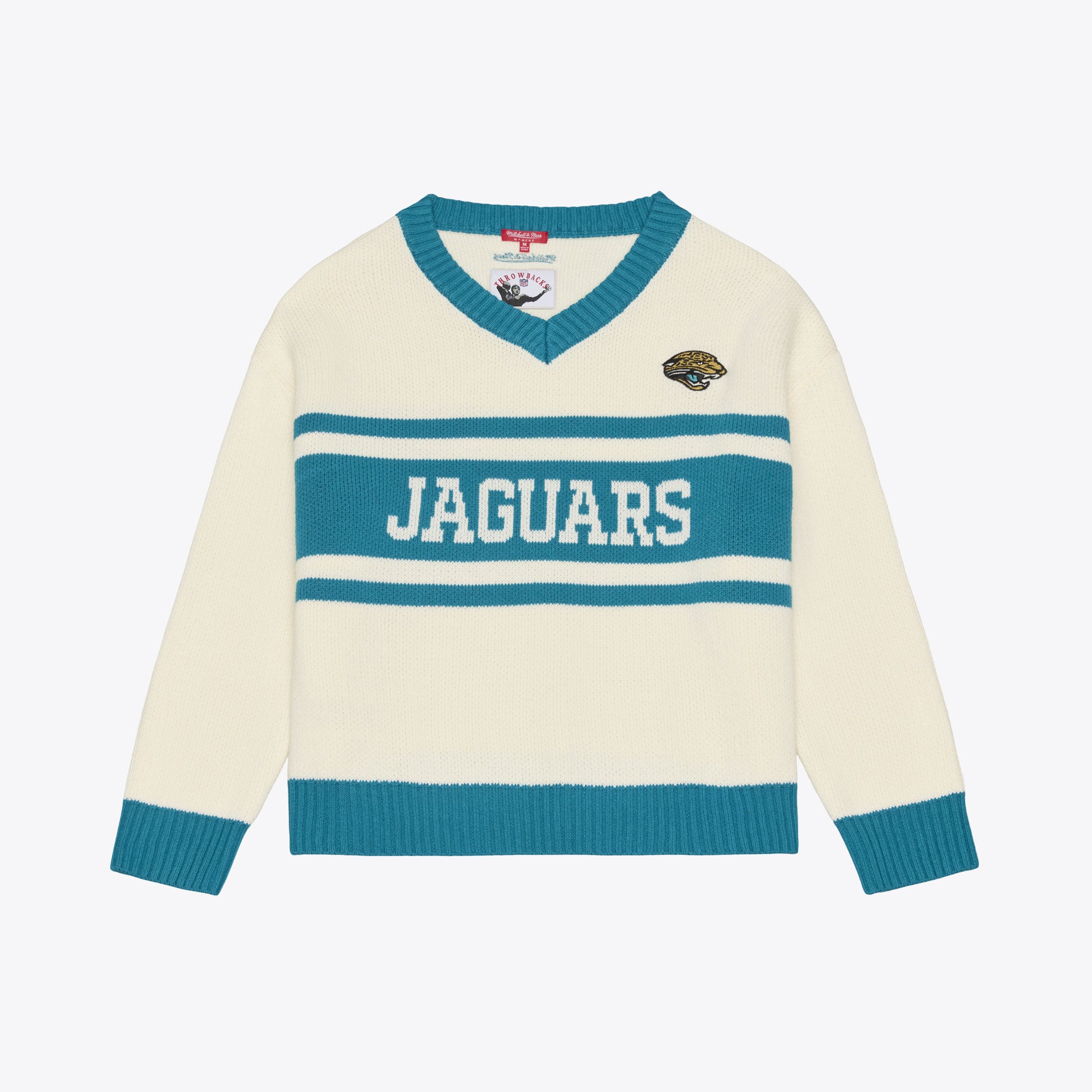 Women's Mitchell & Ness Cream/Teal Jacksonville Jaguars Retro Roots V-Neck Sweater