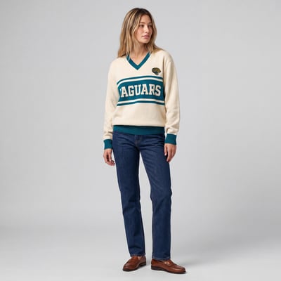 Jacksonville Jaguars Mitchell & Ness Women's Retro Roots V-Neck Sweater - Cream/Teal