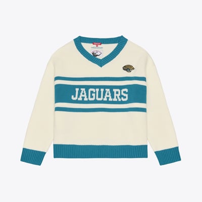 Jacksonville Jaguars Mitchell & Ness Women's Retro Roots V-Neck Sweater - Cream/Teal
