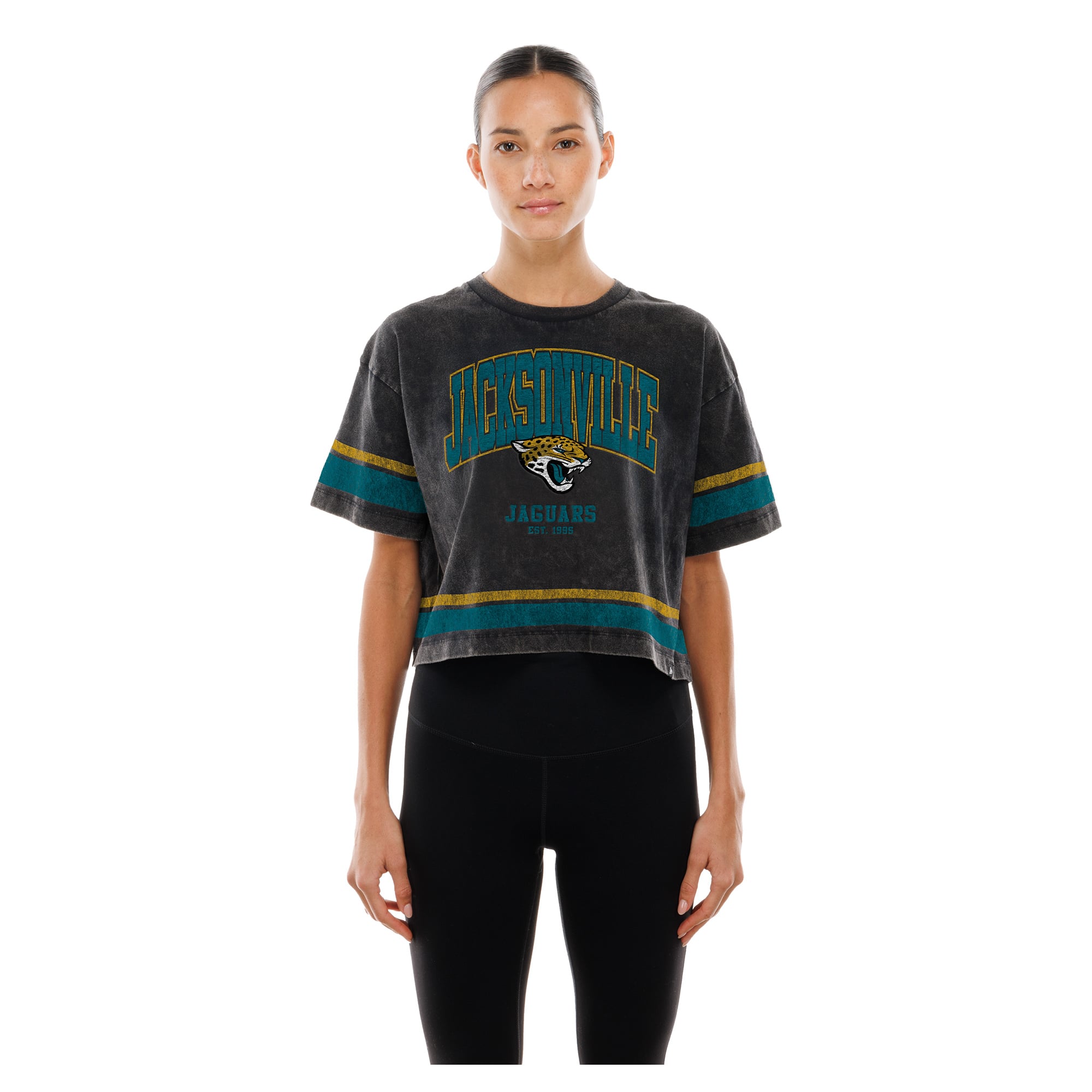 T-shirt court New Era noir Jacksonville Jaguars Lifestyle pour femme, délavé à l'huile minérale, coupe carrée.