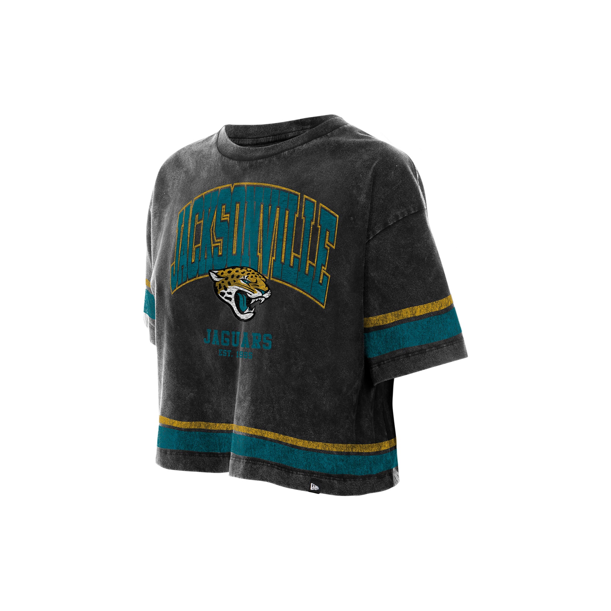 T-shirt court New Era noir Jacksonville Jaguars Lifestyle pour femme, délavé à l'huile minérale, coupe carrée.