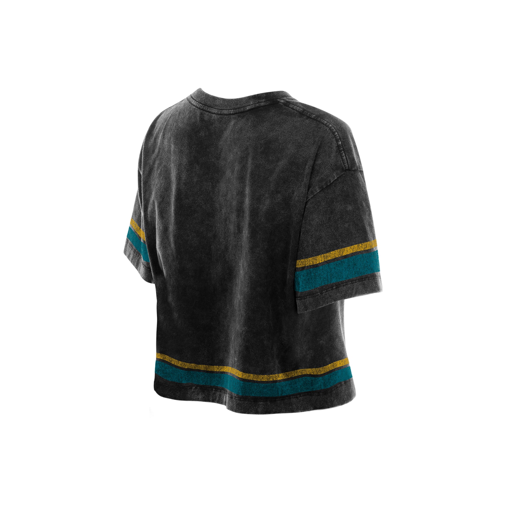 T-shirt court New Era noir Jacksonville Jaguars Lifestyle pour femme, délavé à l'huile minérale, coupe carrée.