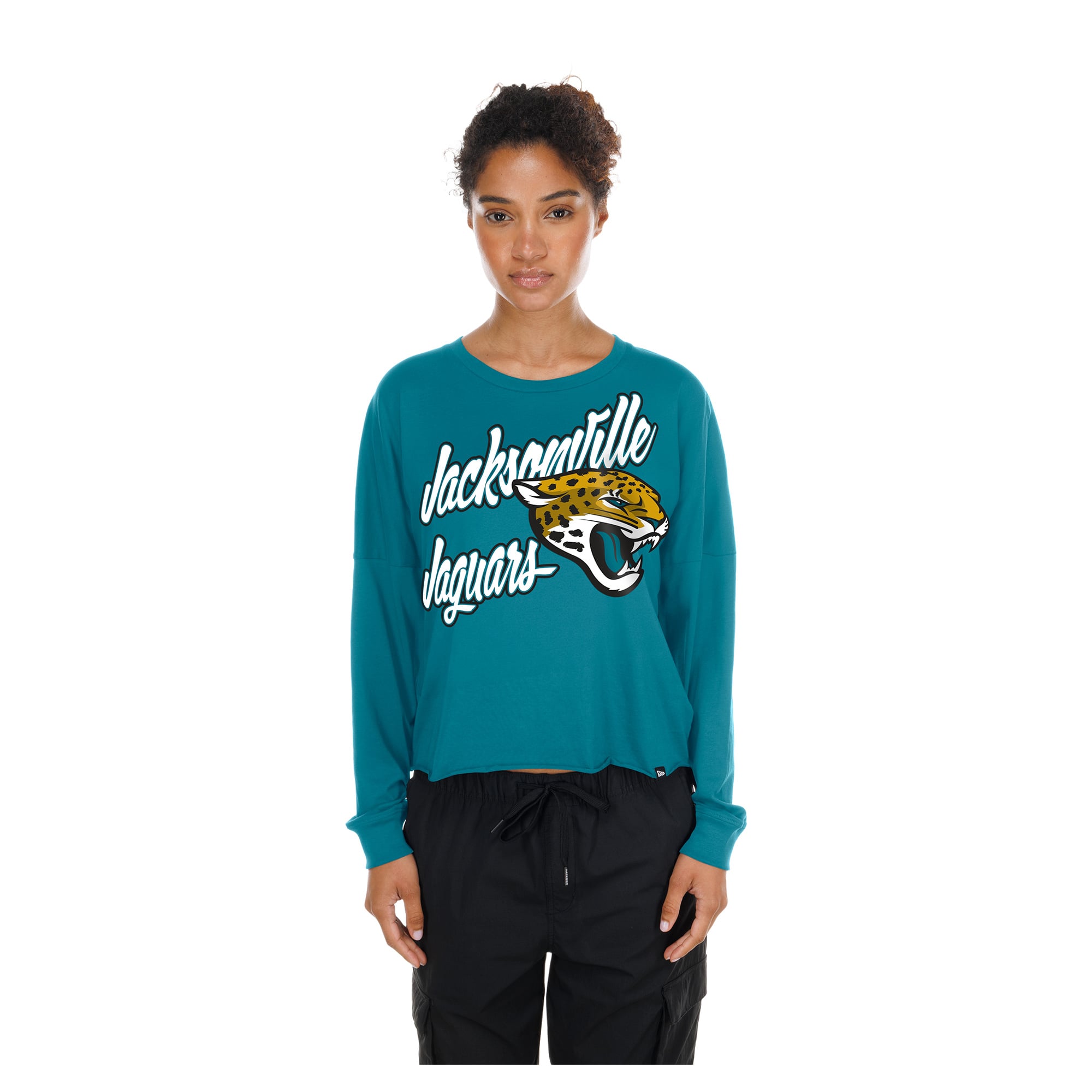 Women's New Era Teal Jacksonville Jaguars Cropped Oversized Long Sleeve T-Shirt