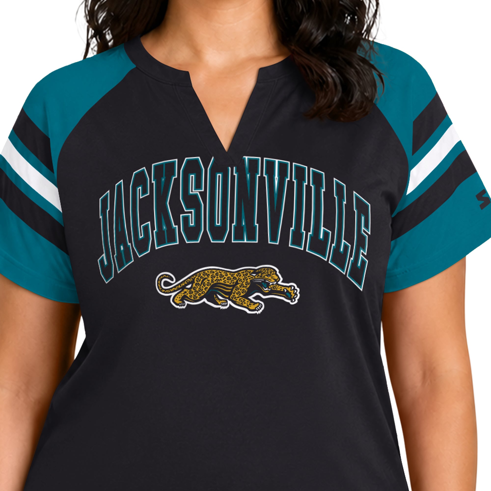 T-shirt raglan Starter noir pour femme, grande taille, style rétro, Jacksonville Jaguars, col cranté.