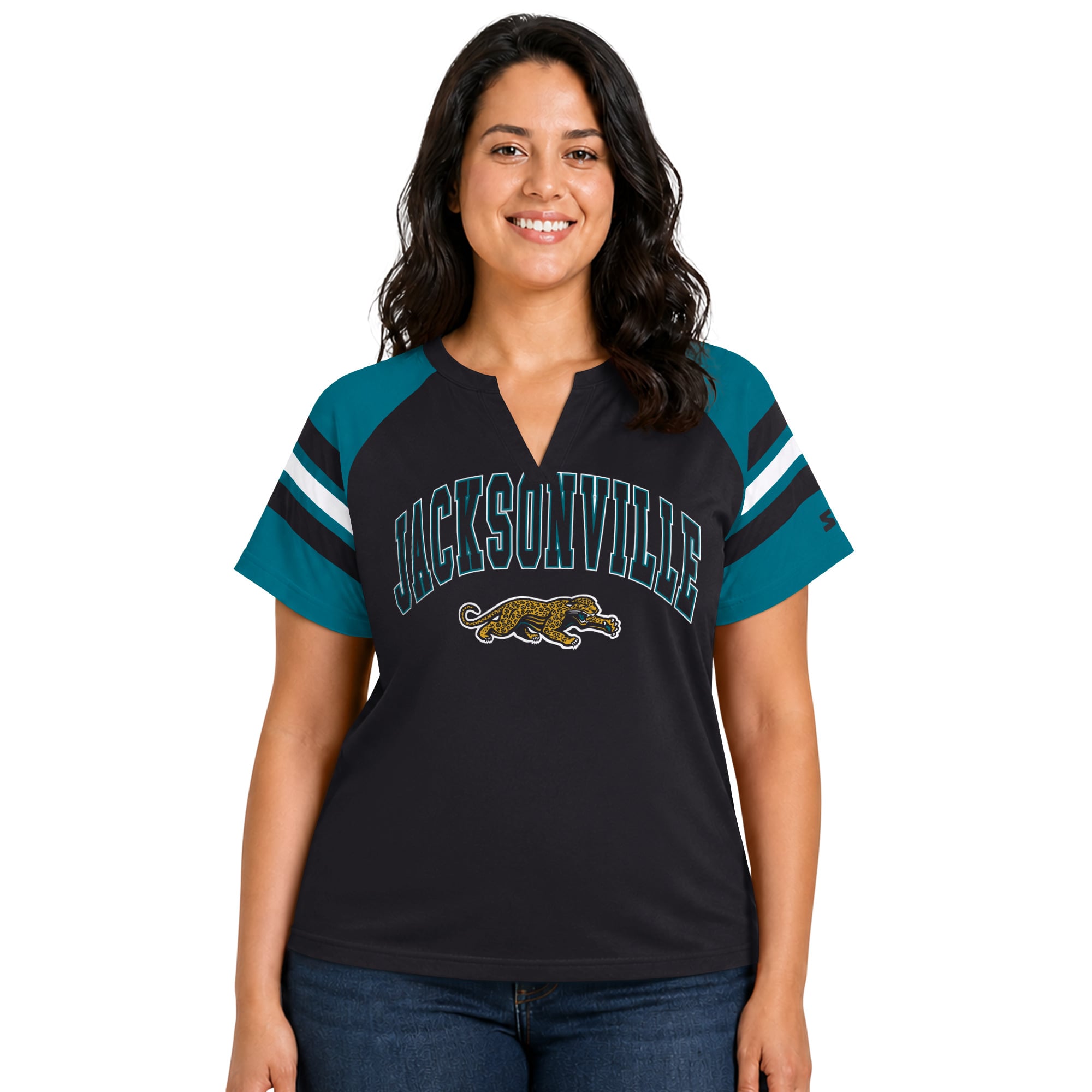 T-shirt raglan Starter noir pour femme, grande taille, style rétro, Jacksonville Jaguars, col cranté.