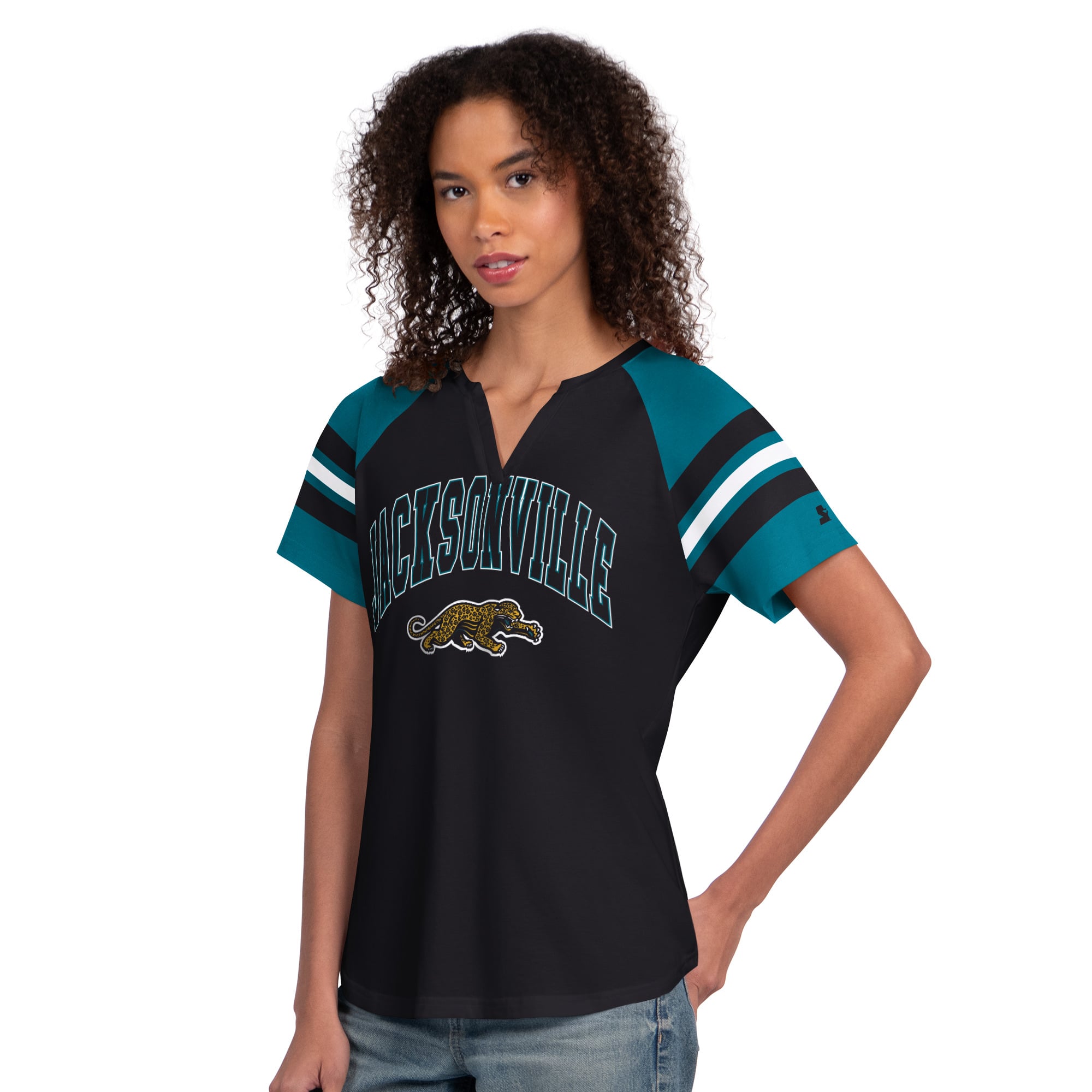T-shirt raglan à col cranté Starter noir pour femme, Jacksonville Jaguars Prowler Game On