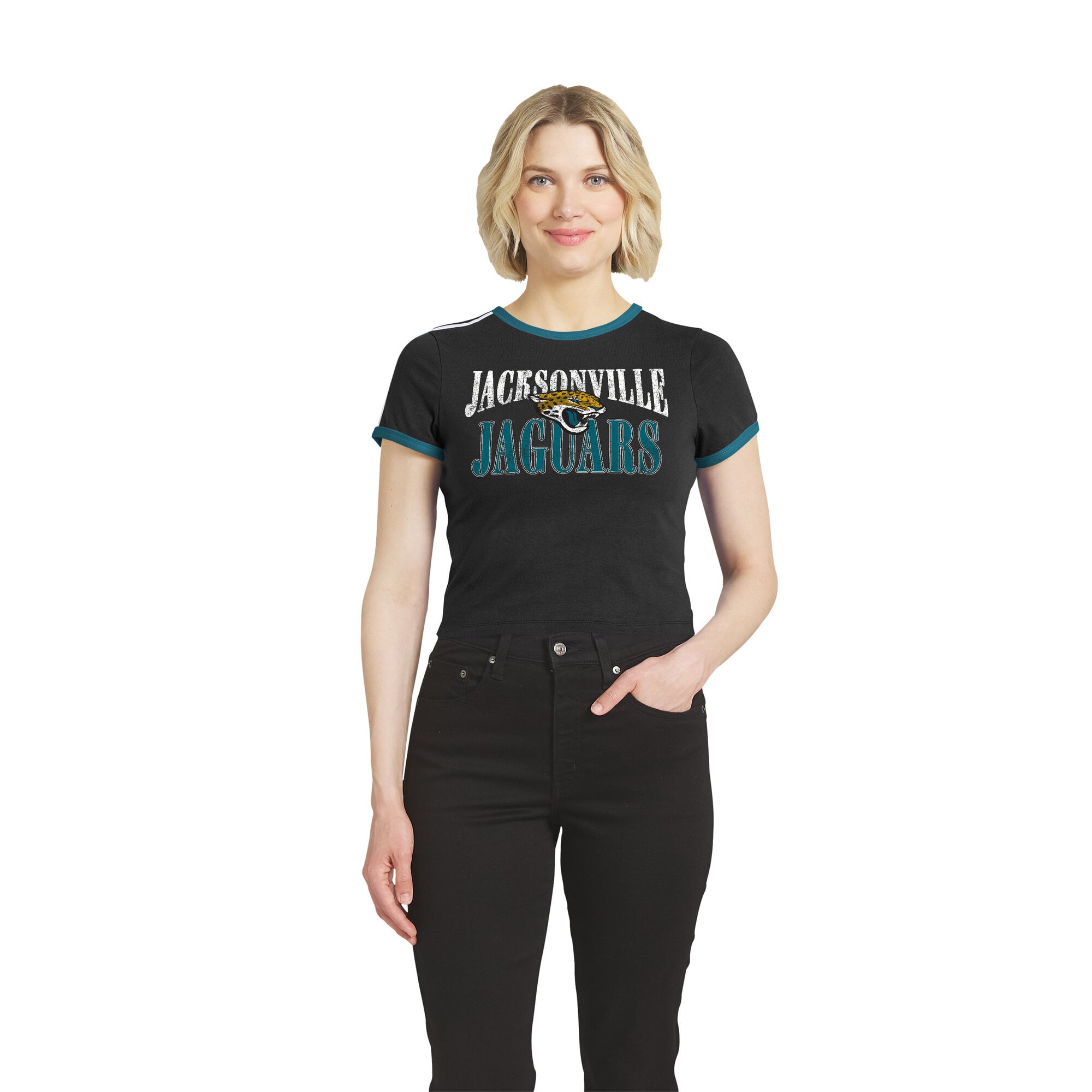 Women's WEAR by Erin Andrews Black Jacksonville Jaguars Cropped Throwback Ringer Baby T-Shirt