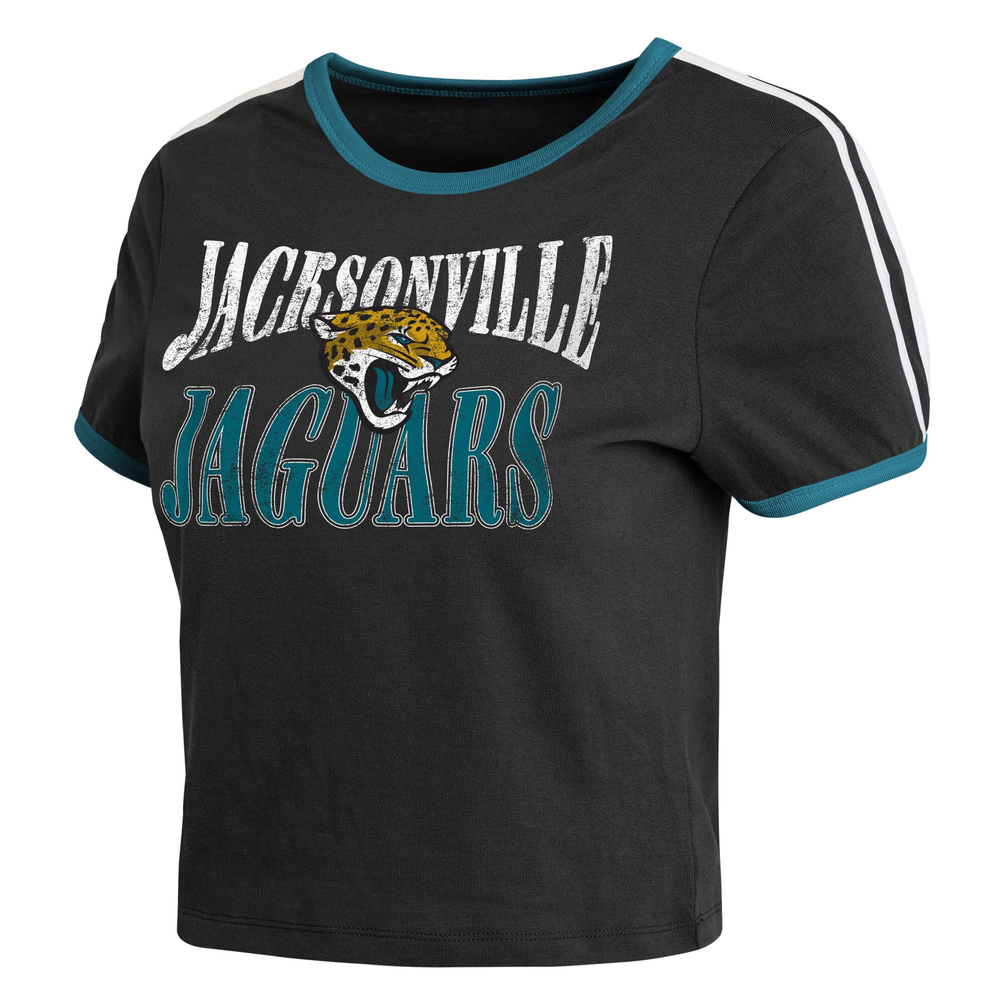 Women's WEAR by Erin Andrews Black Jacksonville Jaguars Cropped Throwback Ringer Baby T-Shirt