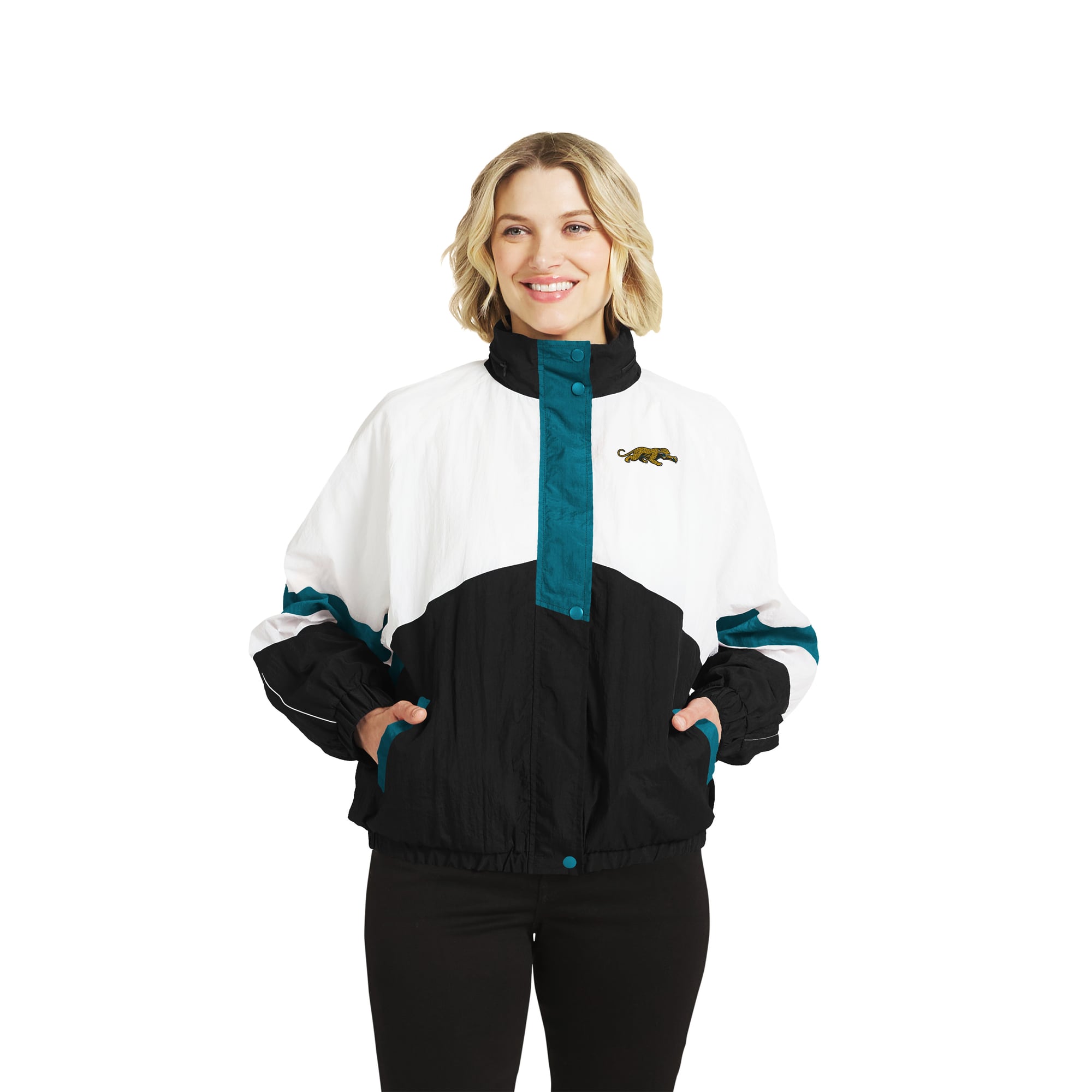 Veste coupe-vent à capuche zippée intégrale blanche et noire style rétro Jacksonville Jaguars de la marque WEAR by Erin Andrews pour femme