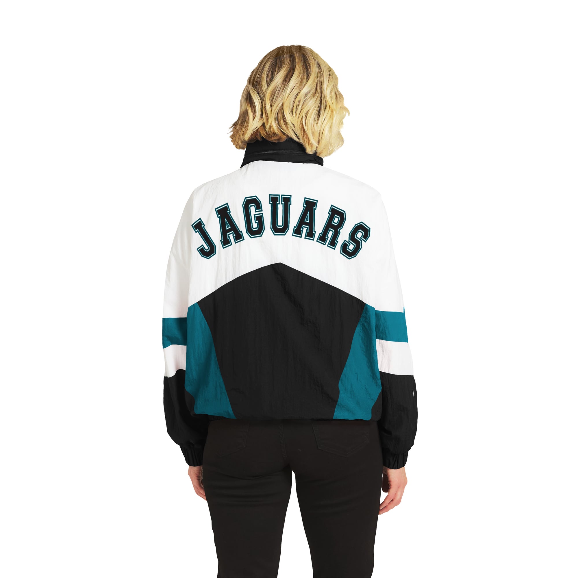 Veste coupe-vent à capuche zippée intégrale blanche et noire style rétro Jacksonville Jaguars de la marque WEAR by Erin Andrews pour femme