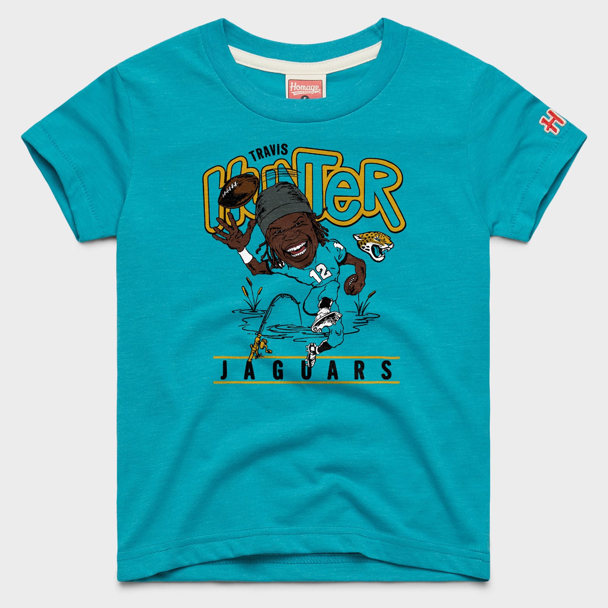 T-shirt caricature Travis Hunter bleu sarcelle des Jaguars de Jacksonville, hommage aux jeunes