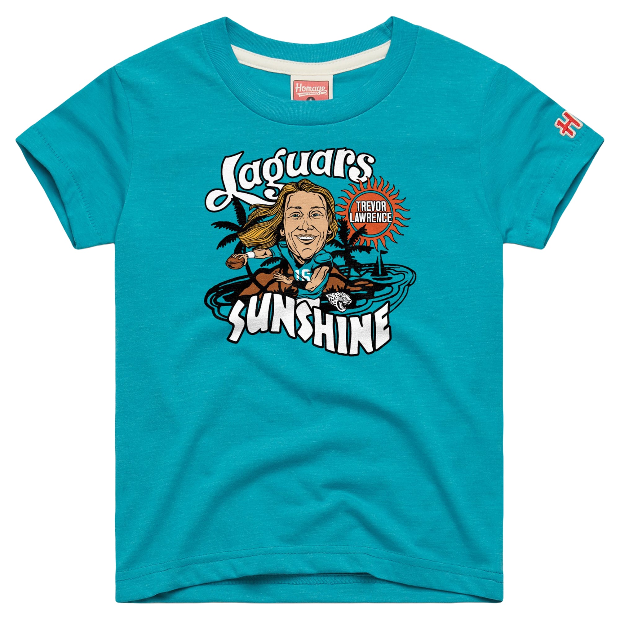 T-shirt caricature de Trevor Lawrence, bleu sarcelle, Jacksonville Jaguars, hommage aux jeunes