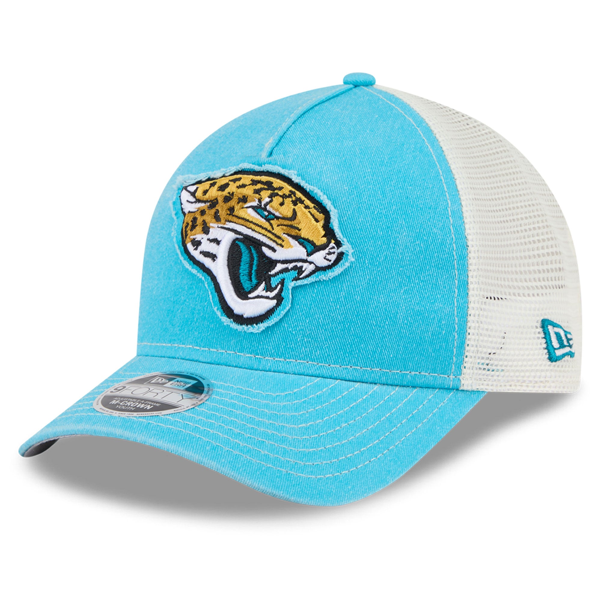 Casquette trucker ajustable New Era 9FORTY A-Frame M-Crown, couleur turquoise, pour jeunes fans des Jaguars de Jacksonville