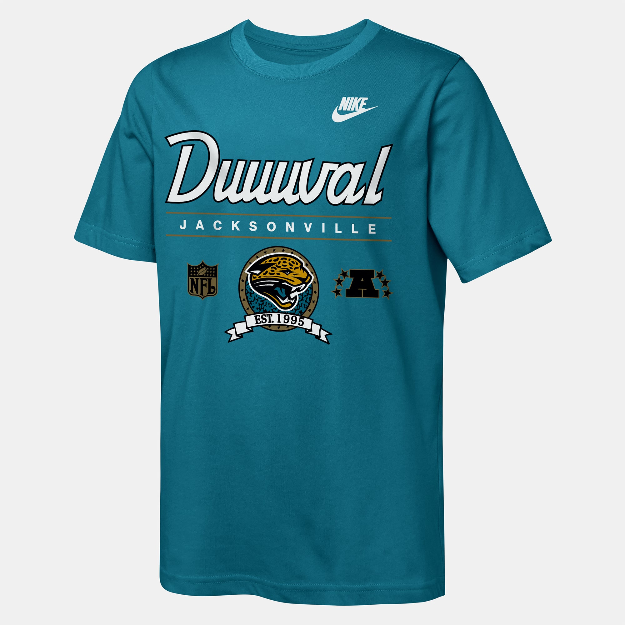 T-shirt Nike Dri-FIT bleu sarcelle pour jeunes, Jacksonville Jaguars, Hometown Rewind.