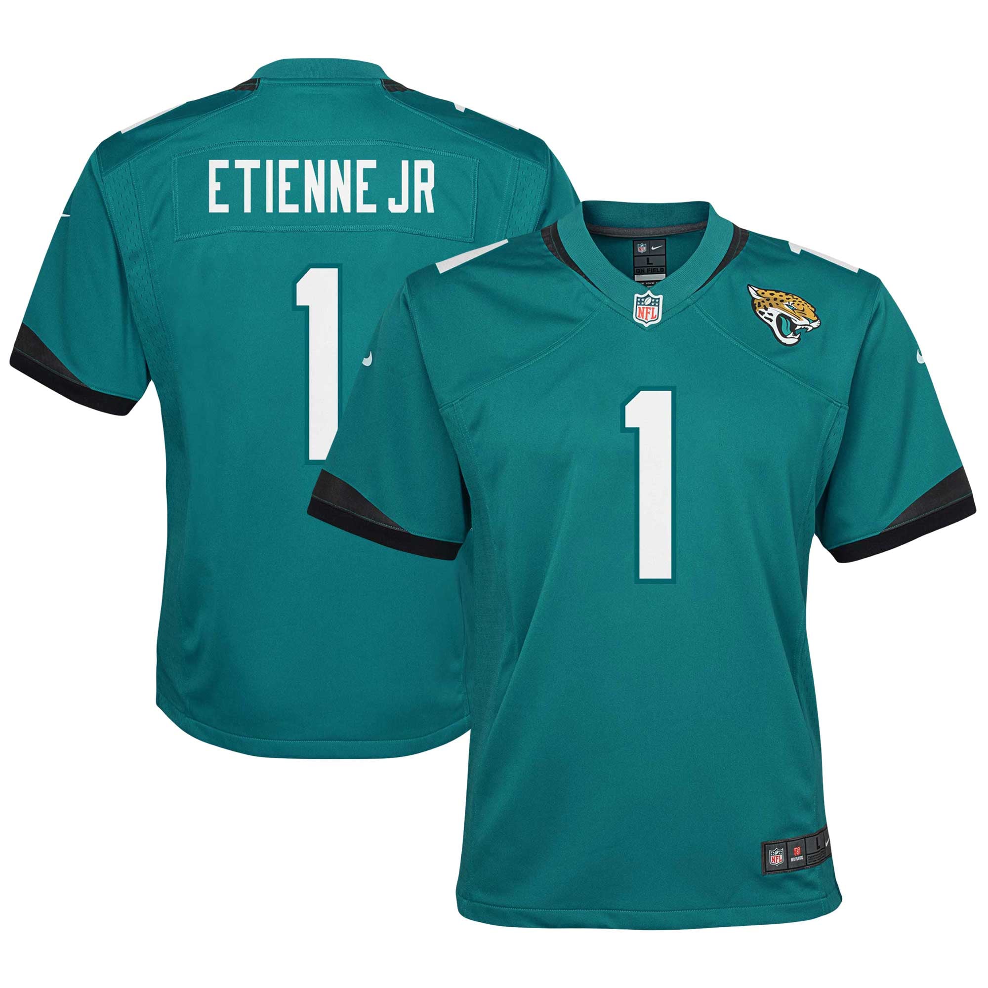 Maillot de match Nike Travis Etienne bleu sarcelle des Jaguars Jacksonville pour jeunes