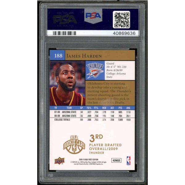 James Harden Rookie Card 2009-10 U.D. First Edition Gold #188 PSA 9