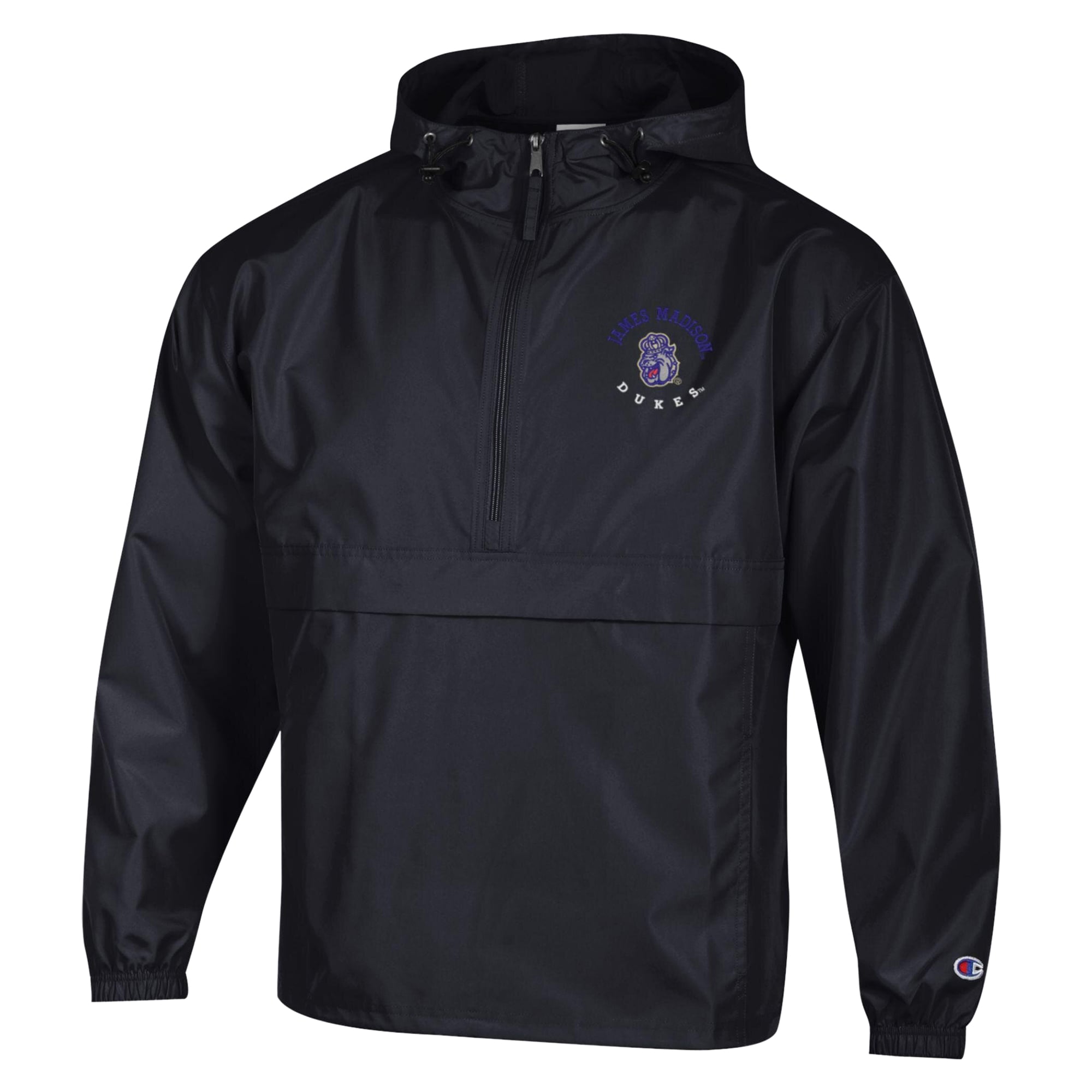 Veste à capuche zippée demi-zip compressible Champion noire pour homme, modèle James Madison Dukes, brodée