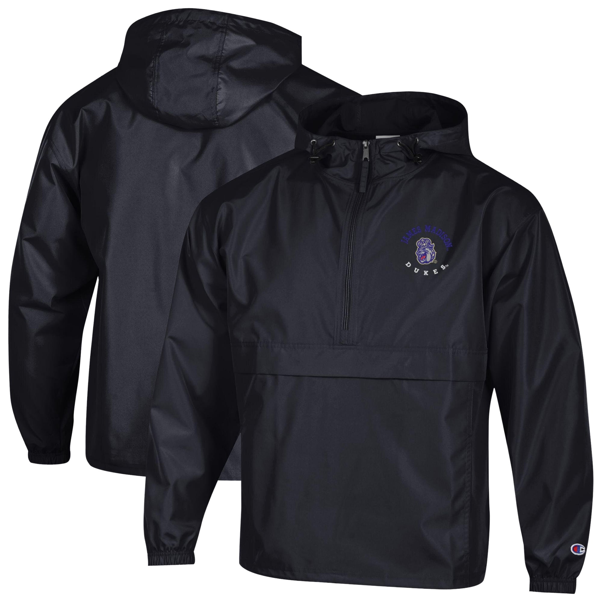 Veste à capuche zippée demi-zip compressible Champion noire pour homme, modèle James Madison Dukes, brodée