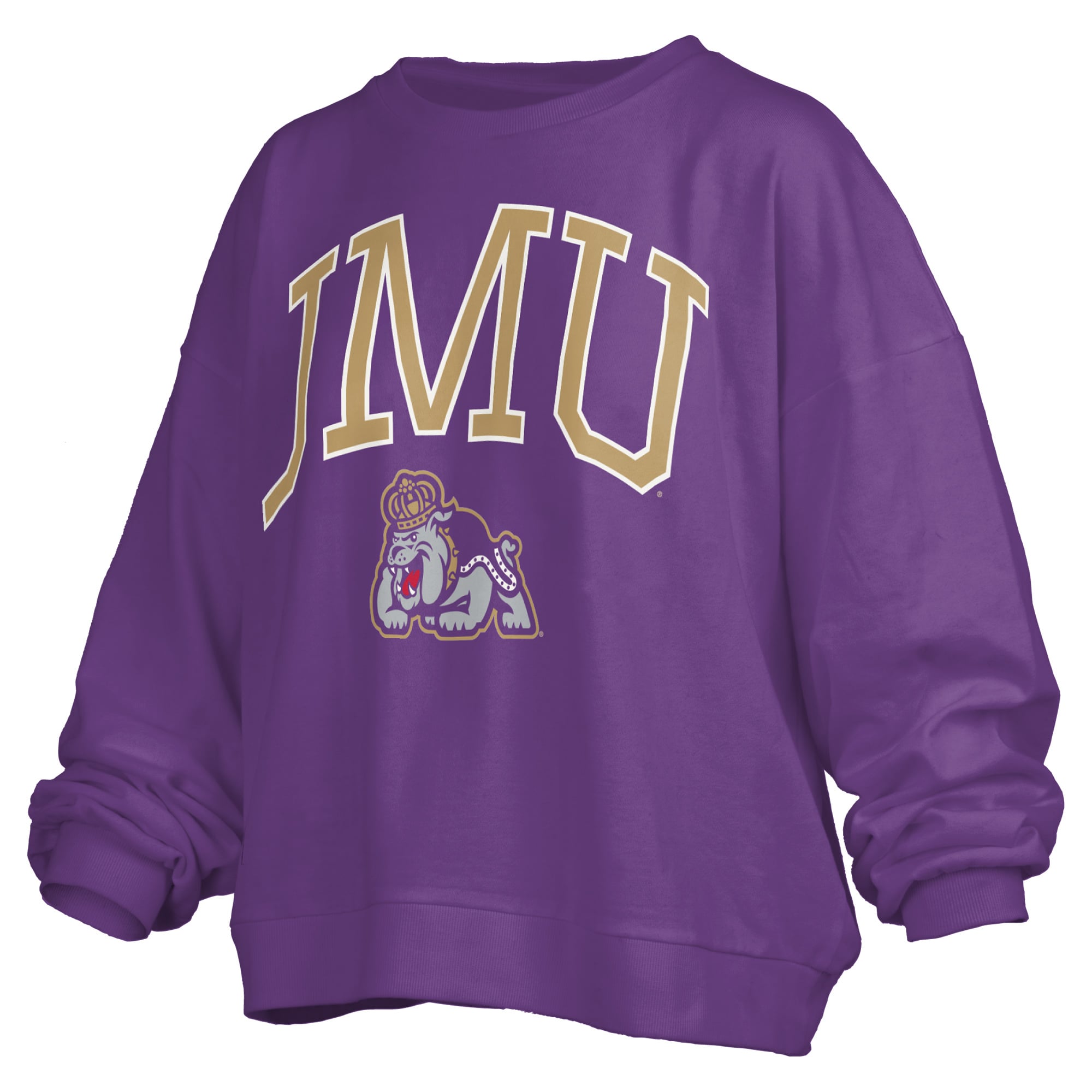 Women's Pressbox Purple James Madison Dukes Oversized Janise Arch Over Logo Fleece Sweatshirt