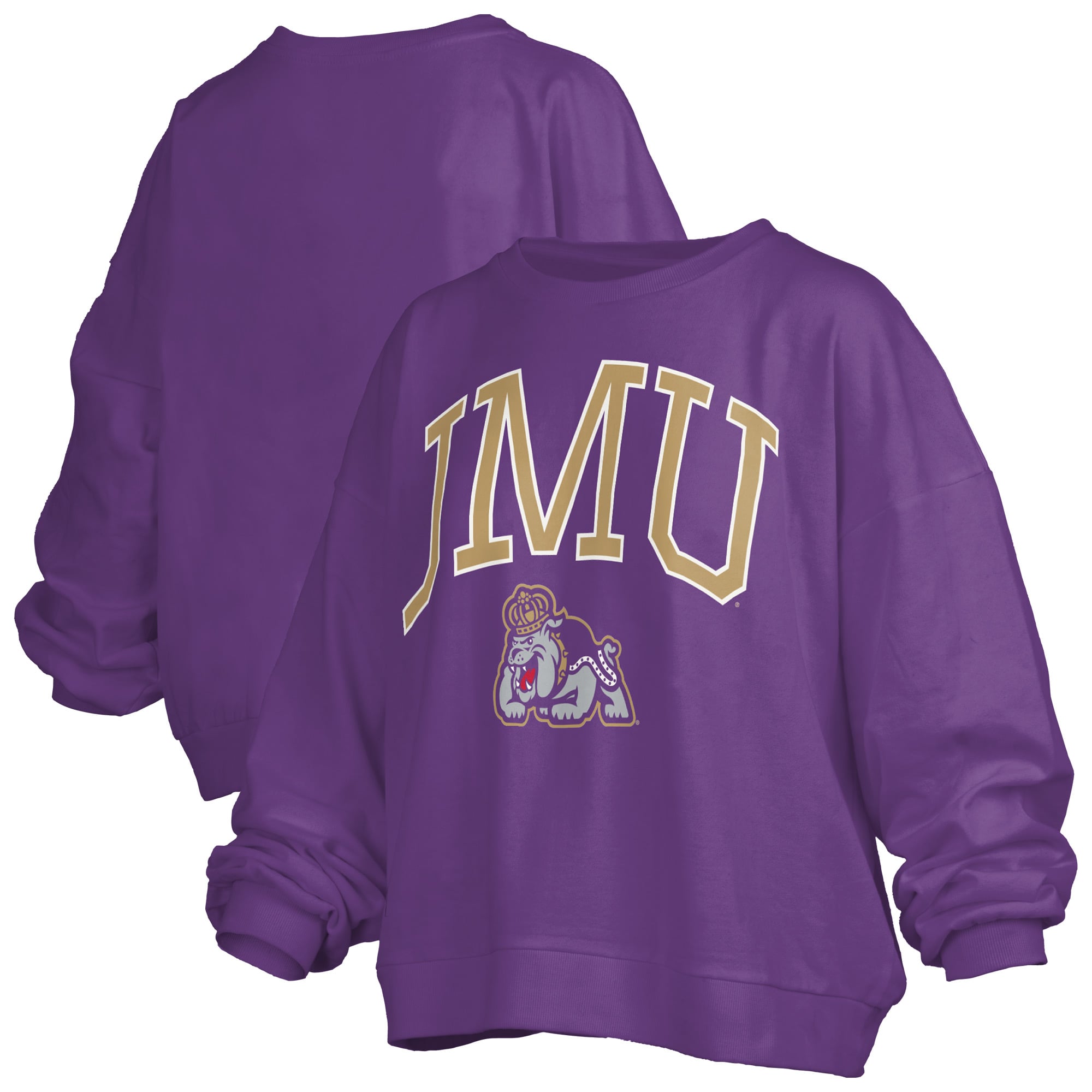 Women's Pressbox Purple James Madison Dukes Oversized Janise Arch Over Logo Fleece Sweatshirt