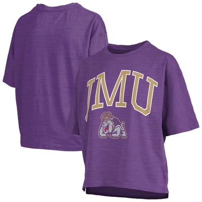 James Madison Dukes Pressbox Women's Oversized Nelson Arch Over Logo Slub T-Shirt - Purple