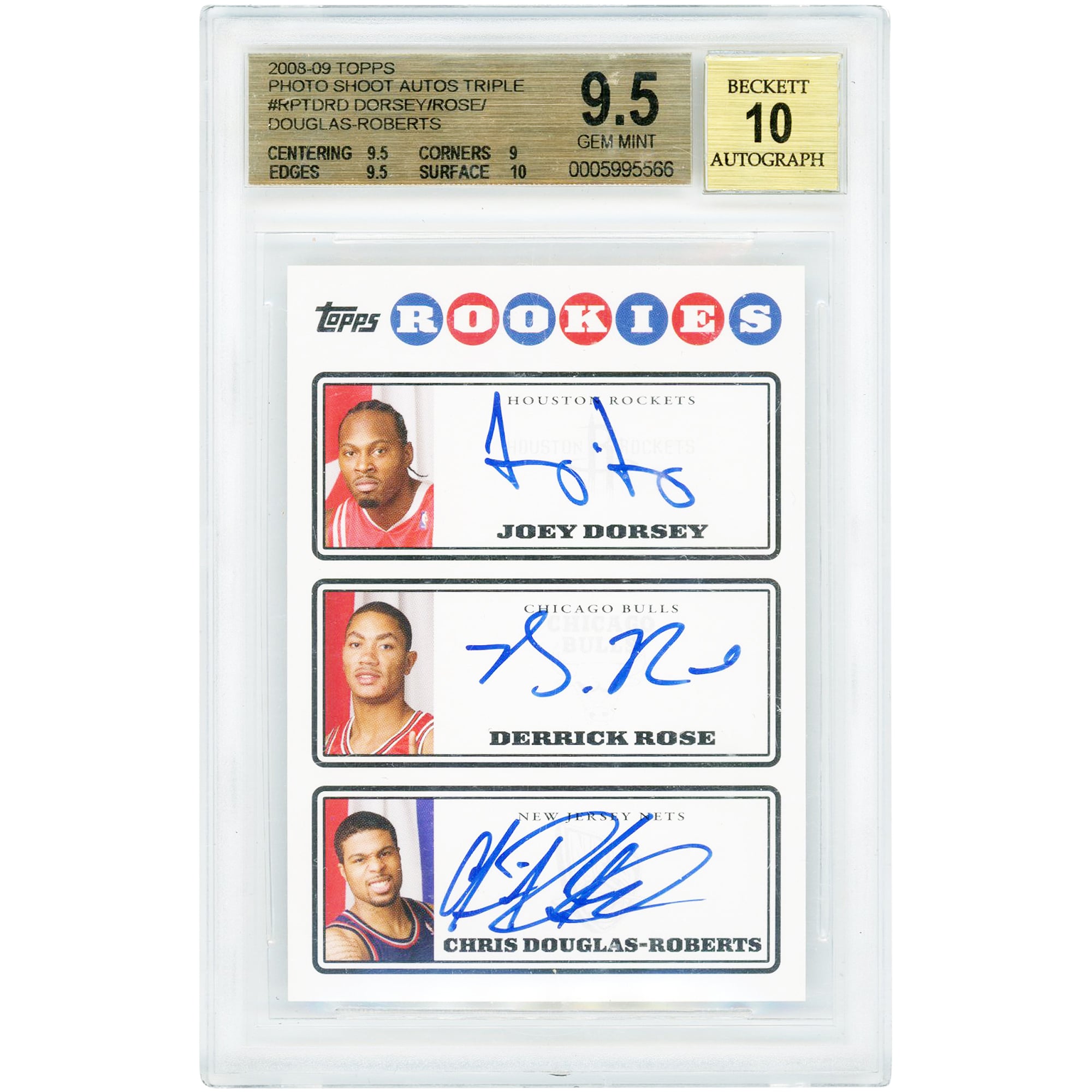 Joe Dorsey, Derrick Rose & Chris Douglas-Roberts Autographed 2008-09 Topps Rookie Photo Shoot Triple #RPT-DRD BGS Authenticated 9.5/10 Rookie Card - 9.5,9,9.5,10 Subgrades