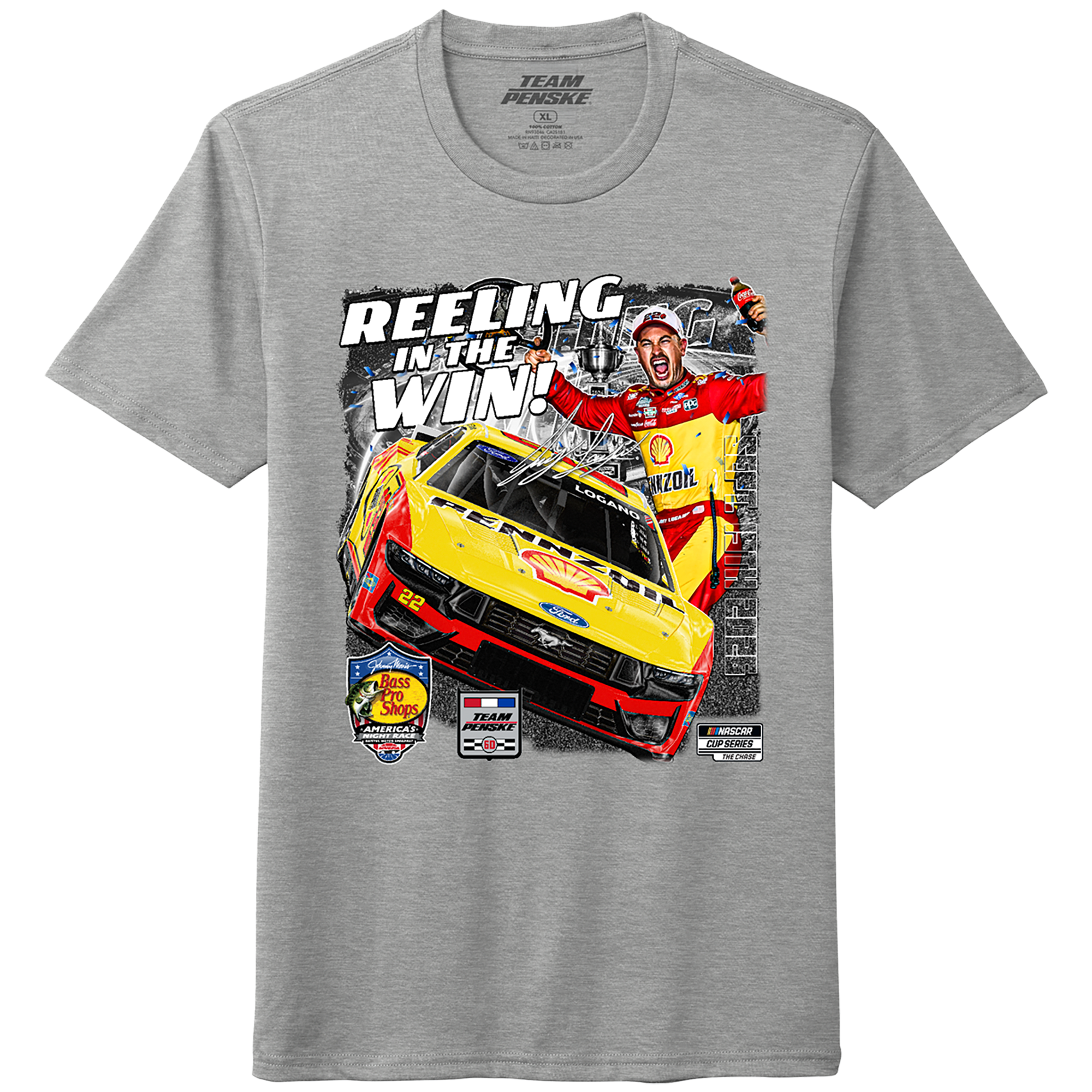 T-shirt homme Classic Ink Joey Logano gris chiné 2026 Bass Pro Shops Night Race, vainqueur