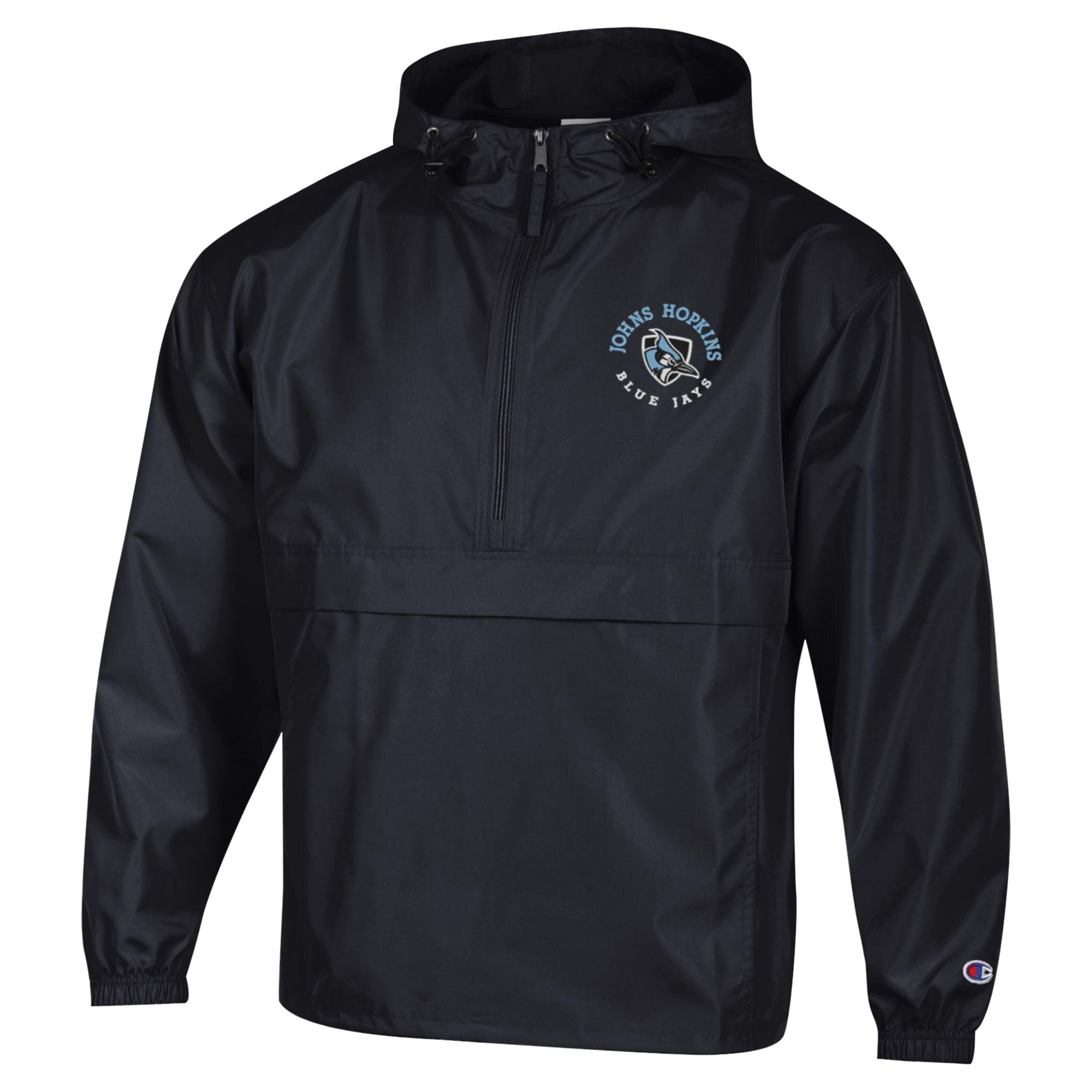 Veste à capuche zippée demi-zip compressible Champion noire pour homme, brodée des Blue Jays de Johns Hopkins