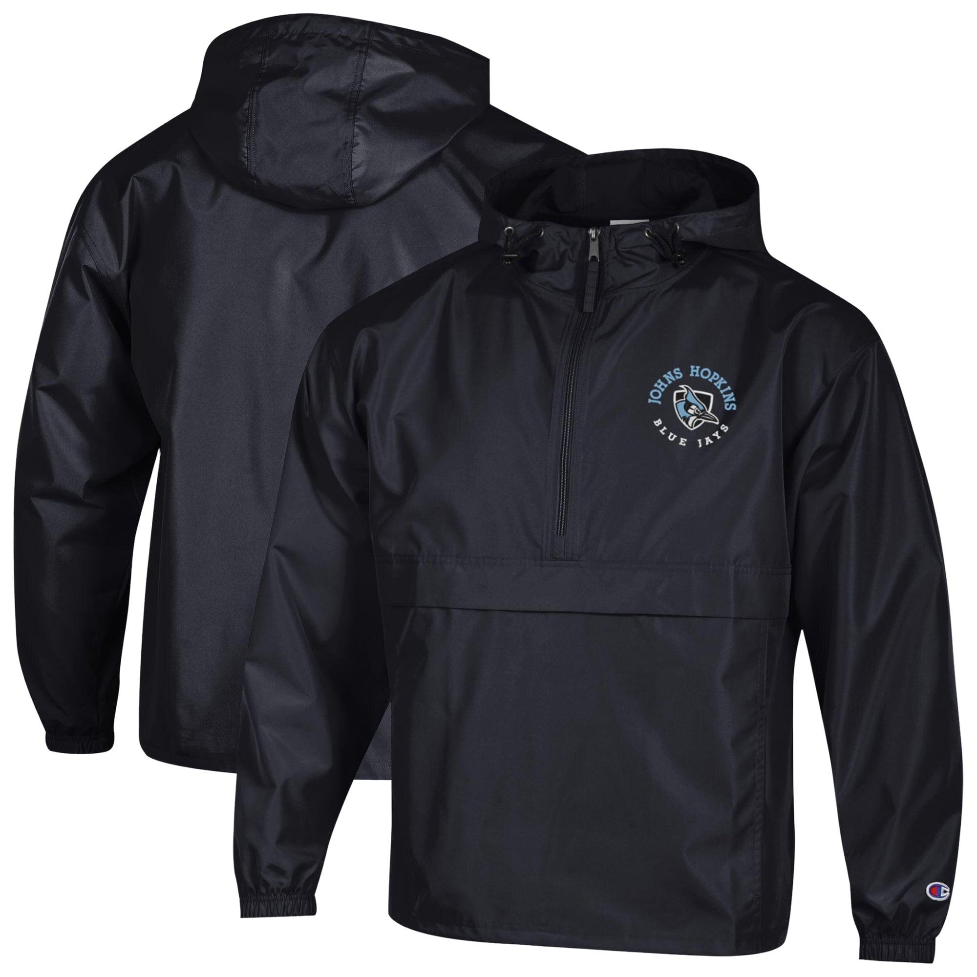 Veste à capuche zippée demi-zip compressible Champion noire pour homme, brodée des Blue Jays de Johns Hopkins