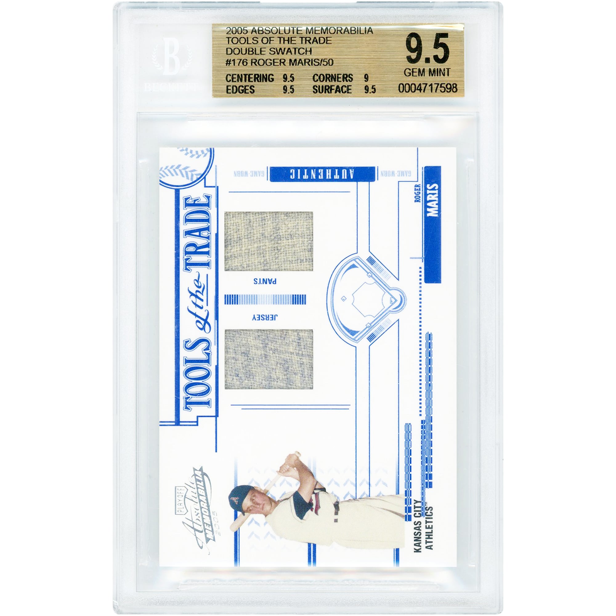 Roger Maris Kansas City Athletics 2005 Playoff Absolute Memorabilia Tools Of The Trade Game Used Dual Jersey/Pant Relics #TT-176 #12/50 BGS Authenticated 9.5 Card - 9.5,9,9.5,9.5 Subgrades