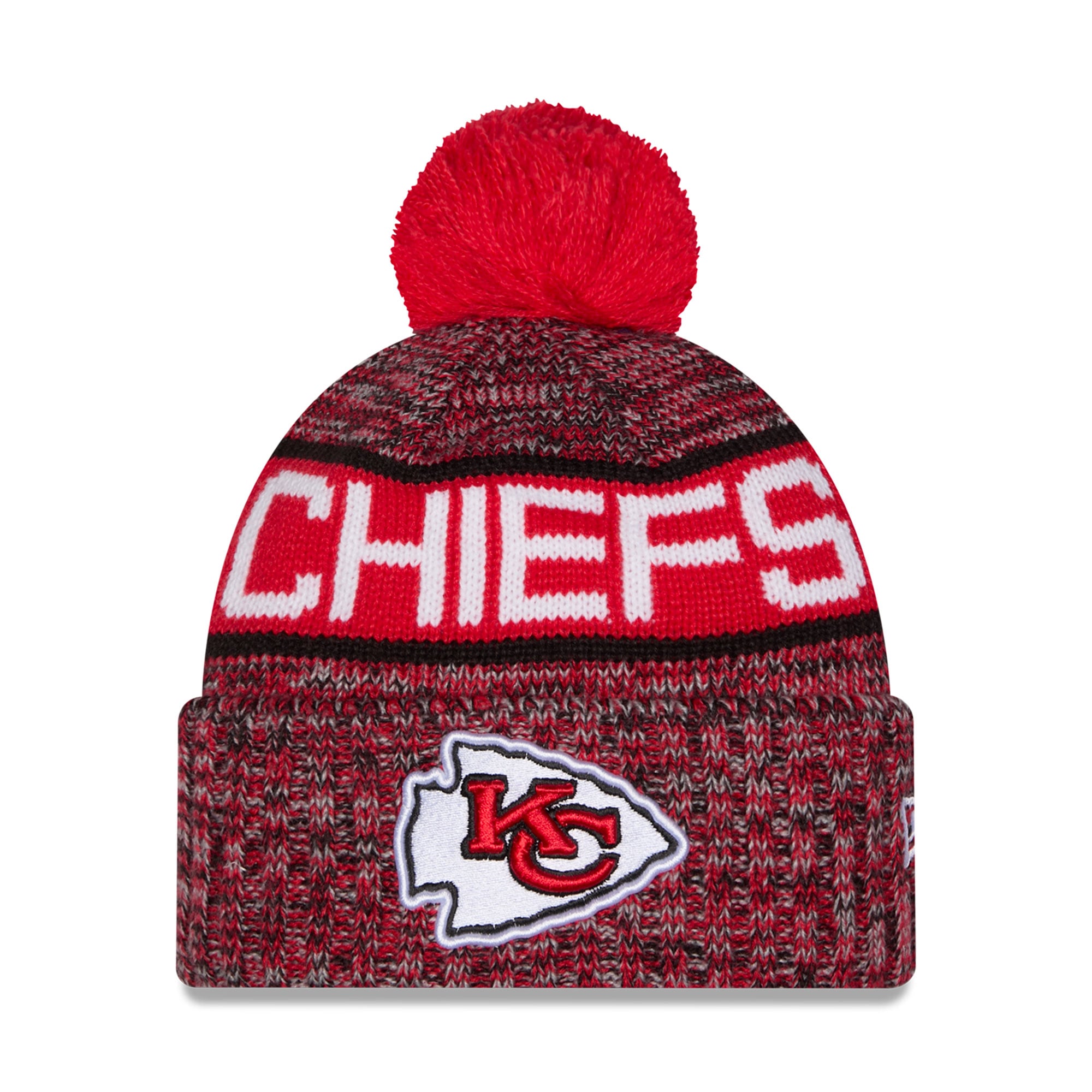 Girls Youth New Era Red Kansas City Chiefs Tri-Color Cuffed Knit Hat with Pom