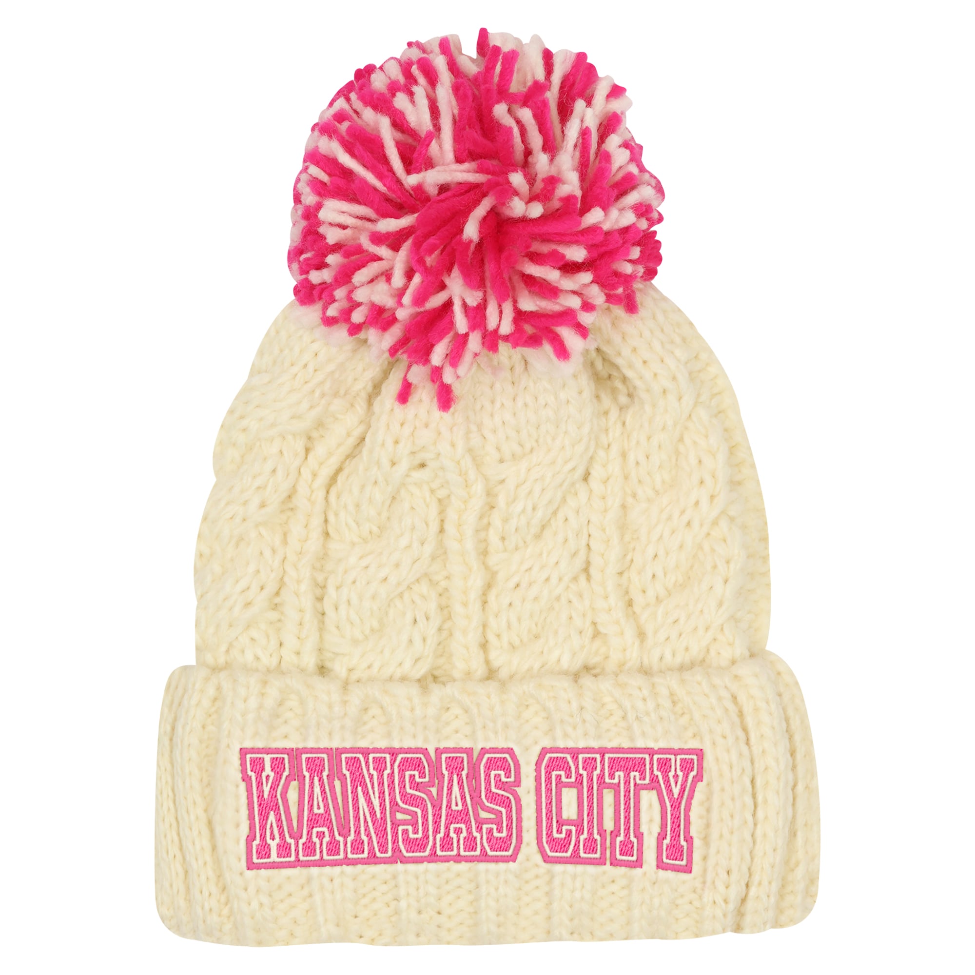 Girls Youth Outerstuff Cream Kansas City Chiefs Cable Cuffed Knit Hat with Pom