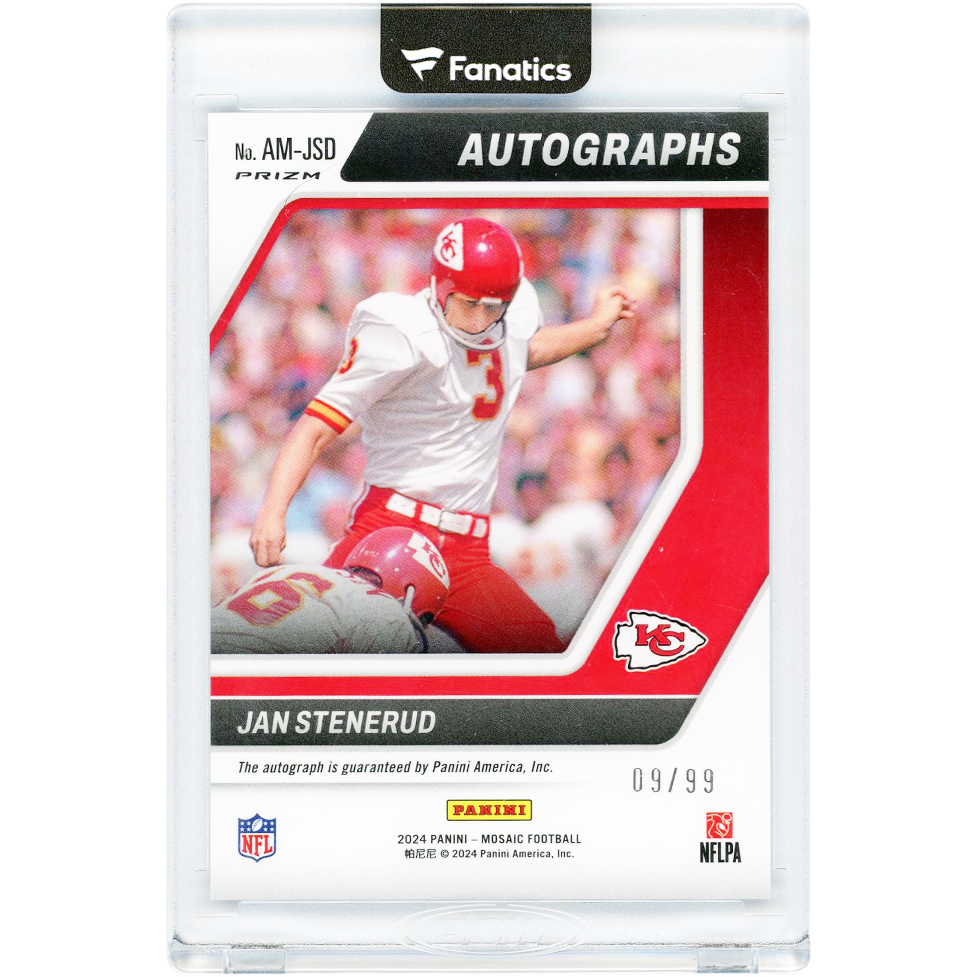 Jan Stenerud Kansas City Chiefs dédicacé 2024 Panini Mosaic Blue Prizm #AM-JSD #9/99 Carte