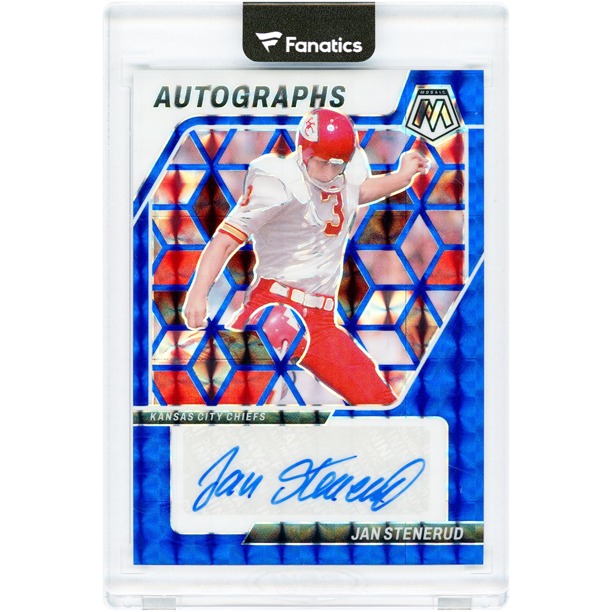 Jan Stenerud Kansas City Chiefs dédicacé 2024 Panini Mosaic Blue Prizm #AM-JSD #9/99 Carte