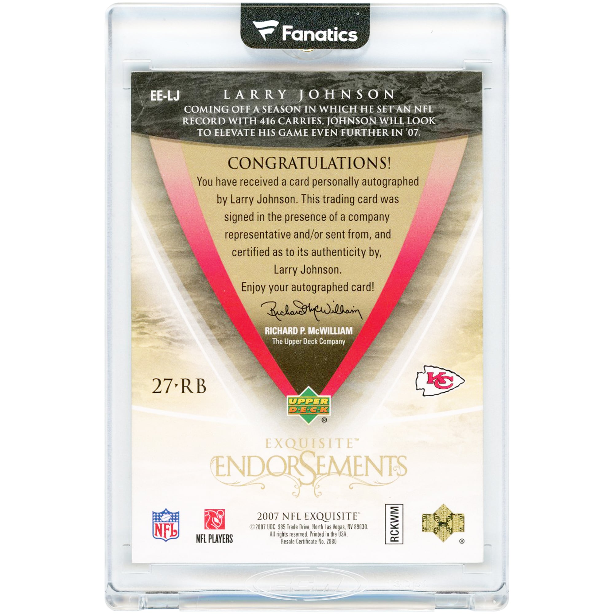 Larry Johnson Kansas City Chiefs Autographed 2007 Upper Deck Exquisite Collection Exquisite Endorsements #EE-LJ #1/20 Card