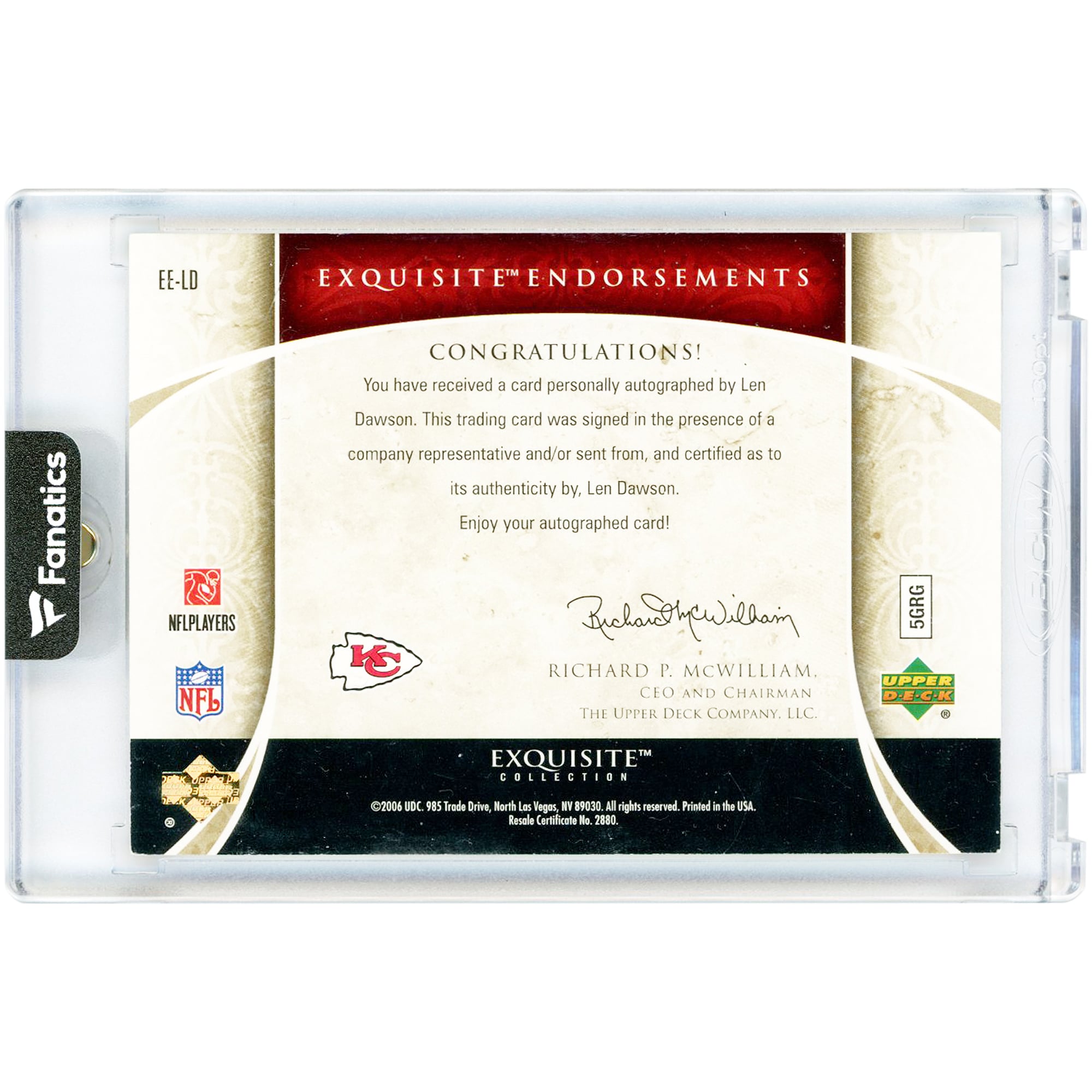 Len Dawson Kansas City Chiefs Autographed 2006 Upper Deck Exquisite Collection Exquisite Endorsements #EE-LD #8/35 Card