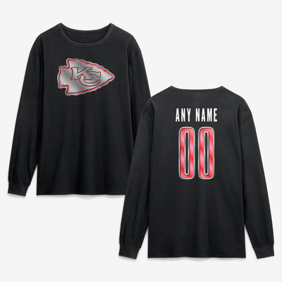 Kansas City Chiefs  Metallic Mascot Personalized Name & Number Long Sleeve T-Shirt - Black