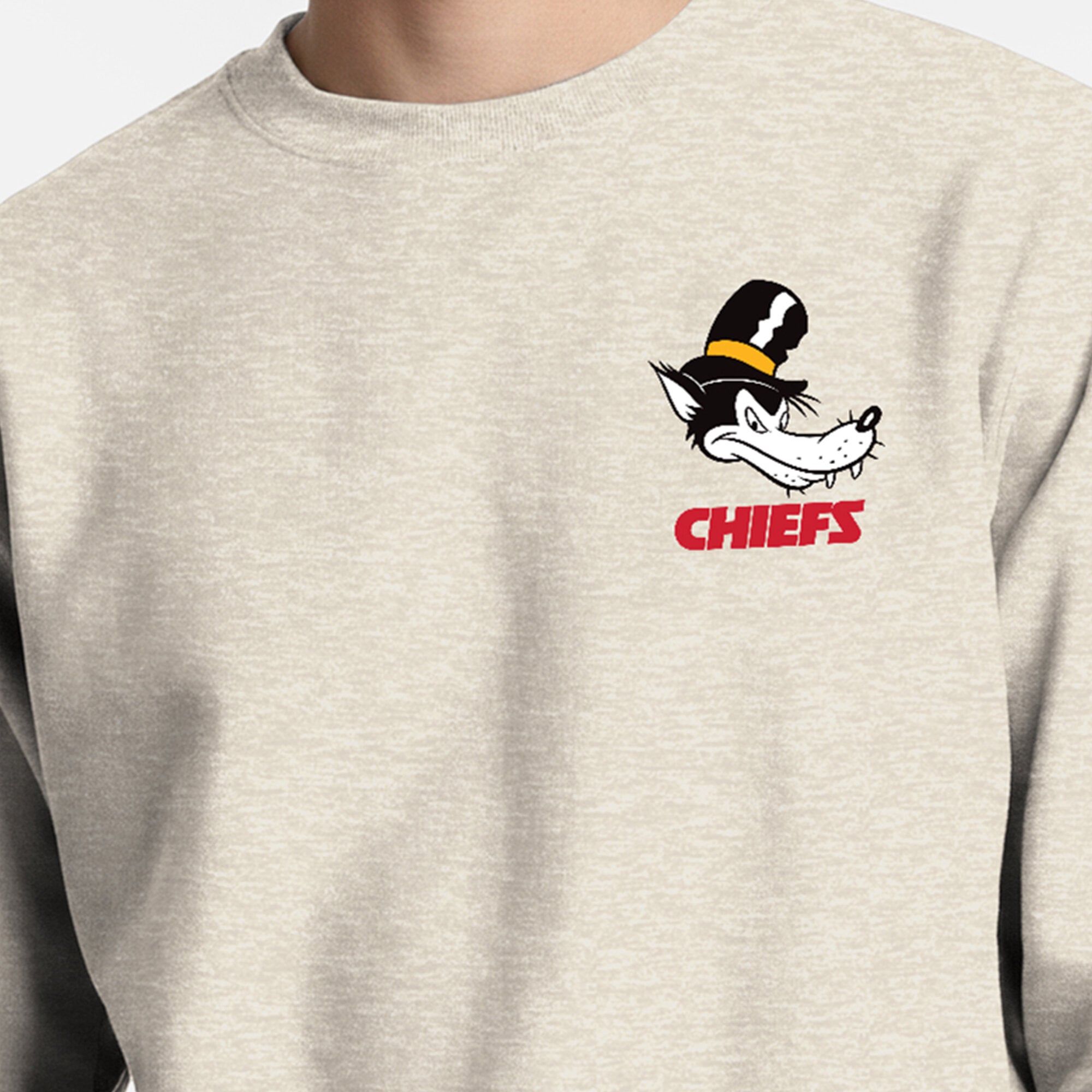 Sweat-shirt à col rond Disney x Champion Oatmeal Kansas City Chiefs Powerblend pour homme