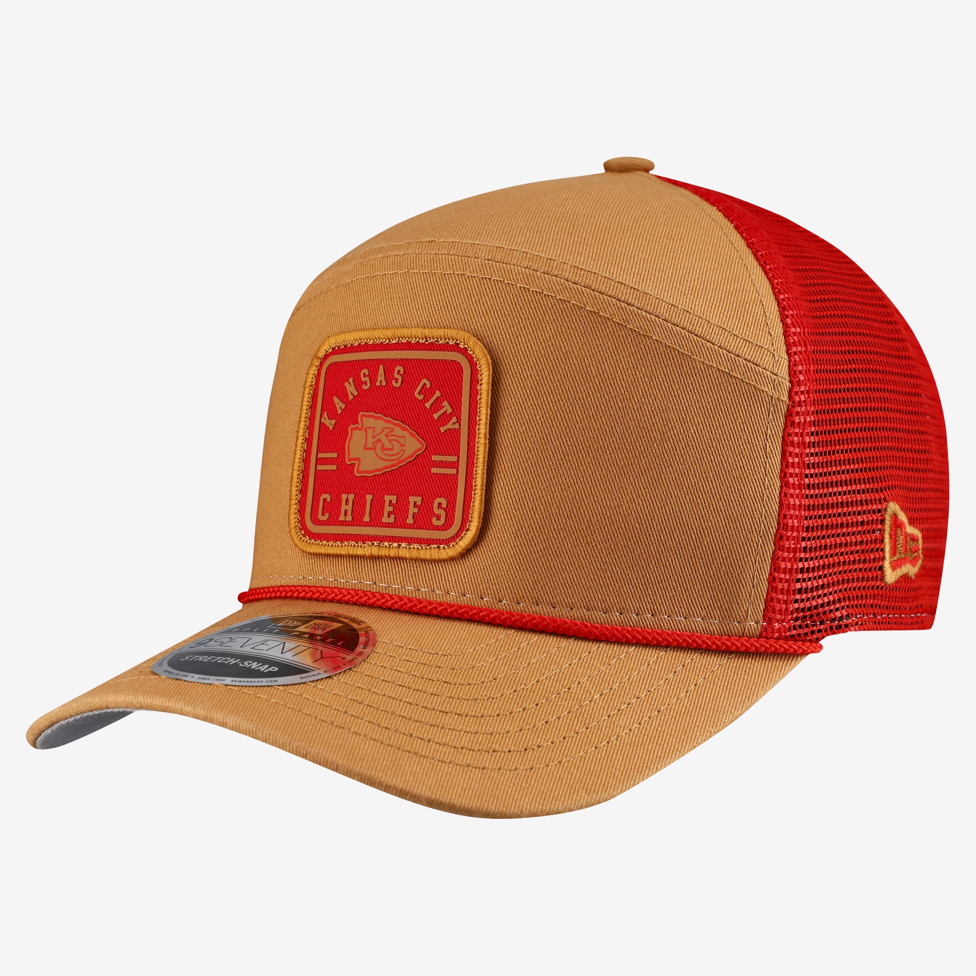 Men's New Era  Brown/Red Kansas City Chiefs Team Patch Split Panel 9SEVENTY Adjustable Trucker Hat