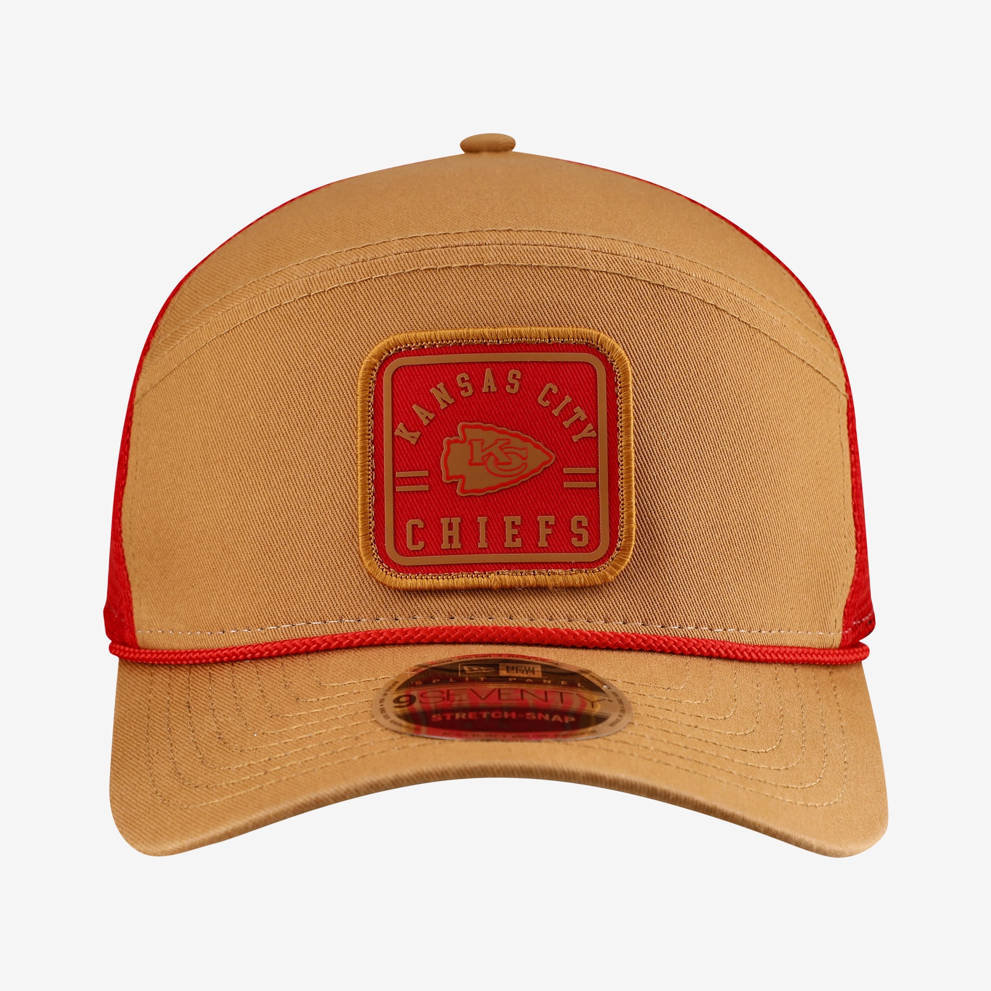 Men's New Era  Brown/Red Kansas City Chiefs Team Patch Split Panel 9SEVENTY Adjustable Trucker Hat