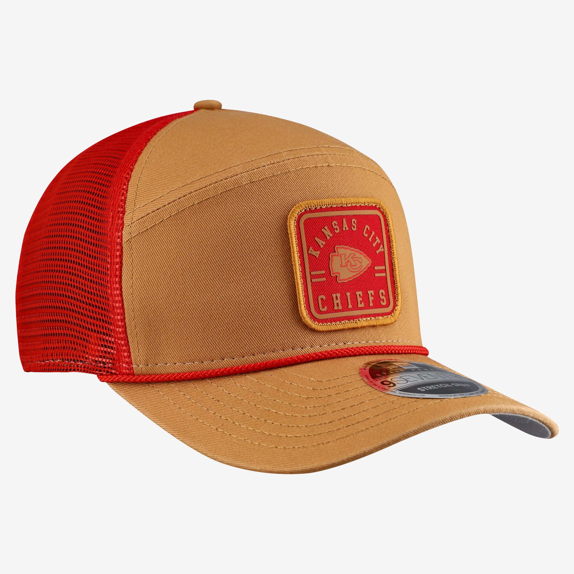 Men's New Era  Brown/Red Kansas City Chiefs Team Patch Split Panel 9SEVENTY Adjustable Trucker Hat