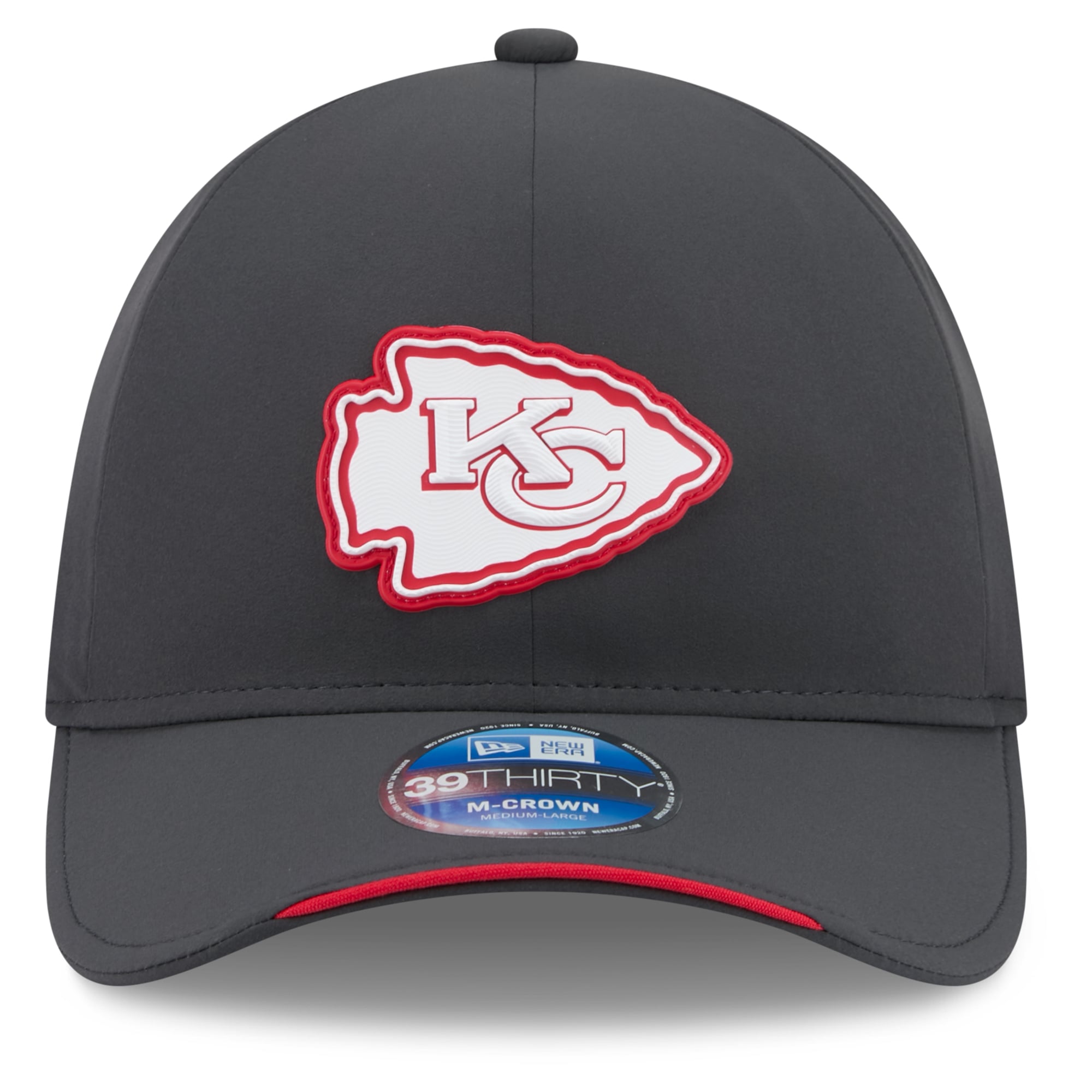 Casquette extensible New Era 39THIRTY M-Crown pour homme, couleur anthracite, Kansas City Chiefs 2026, idéale les temps froids.