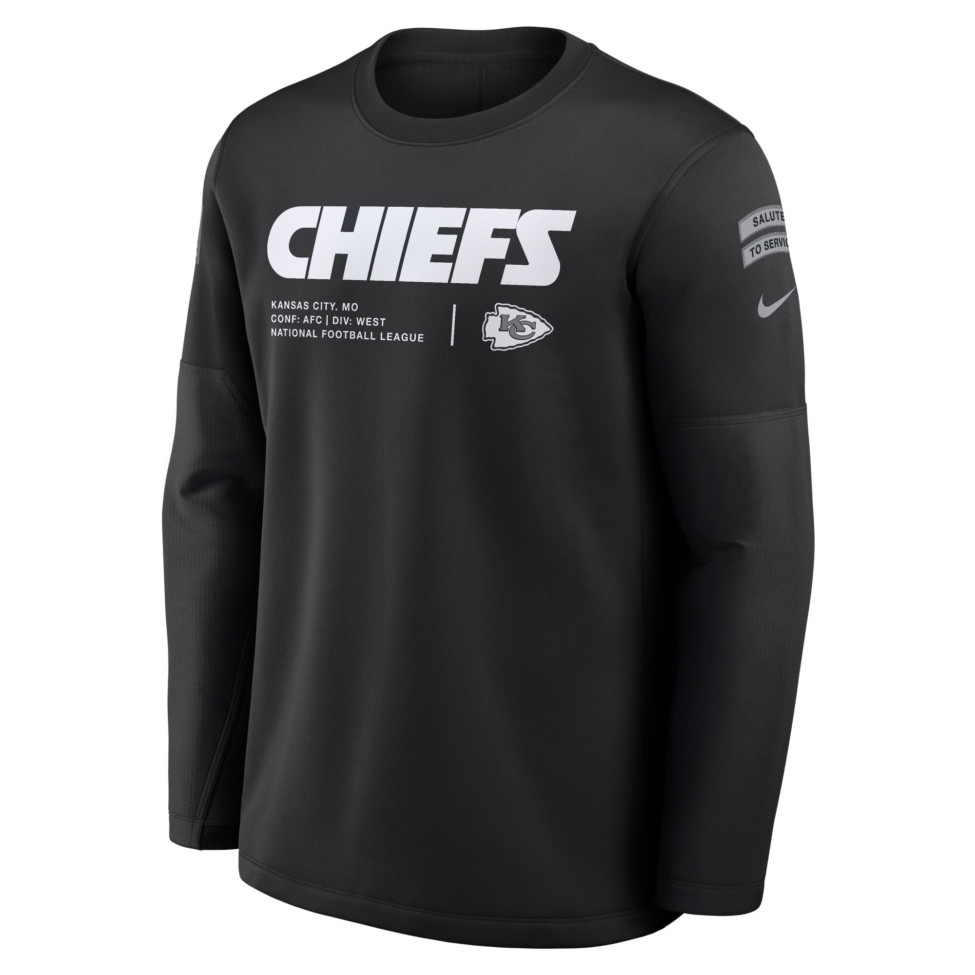 Sweat-shirt Nike noir pour homme Kansas City Chiefs 2026 Salute to Service Sideline Coaches à col rond et coupe Therma-FIT